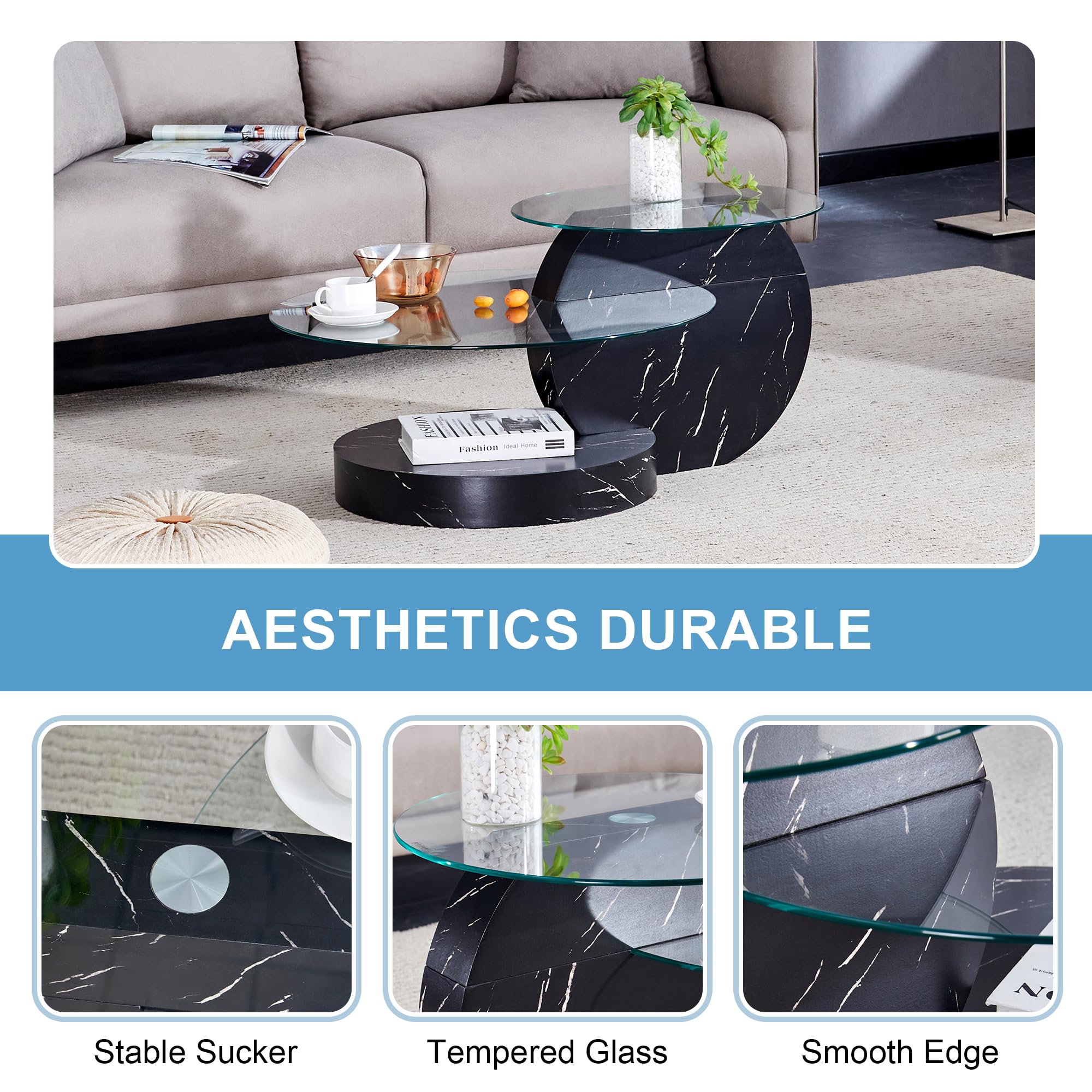 Modern Round Glass Coffee Table - 35.4 Inch Double Layer Black Circle Table for Living Room, Small Space & Home Office | Perfect for Entertaining Guests & Relaxing with Coffee