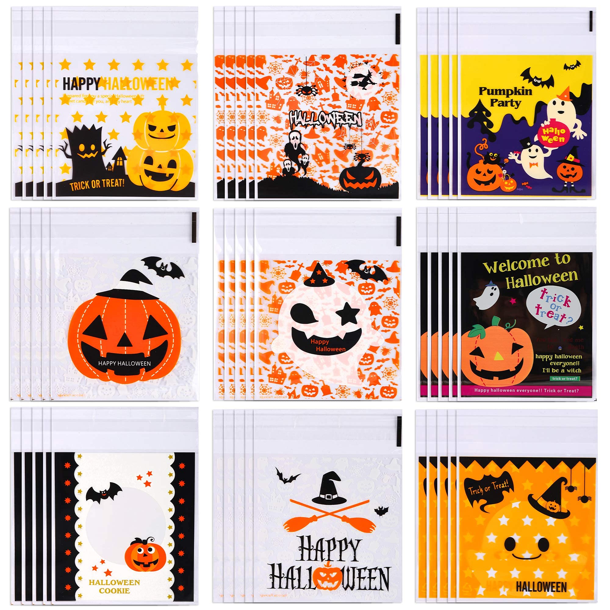 Kolewo4ever 300pcs Halloween Cellophane Candy Bags - Clear Self-Adhesive Treat Bags for Cookies & Gifts (Color Set 3) - Perfect for Halloween Party Favors, Holiday Gift Wrapping & Classroom Treats