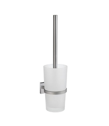 SMEDBO Modern Toilet Brush with Matte Glass Handle & Brushed Chrome Base - No Drill Installation with Included Adhesive - Perfect for Bathroom, Guest Room, and Powder Room Cleaning