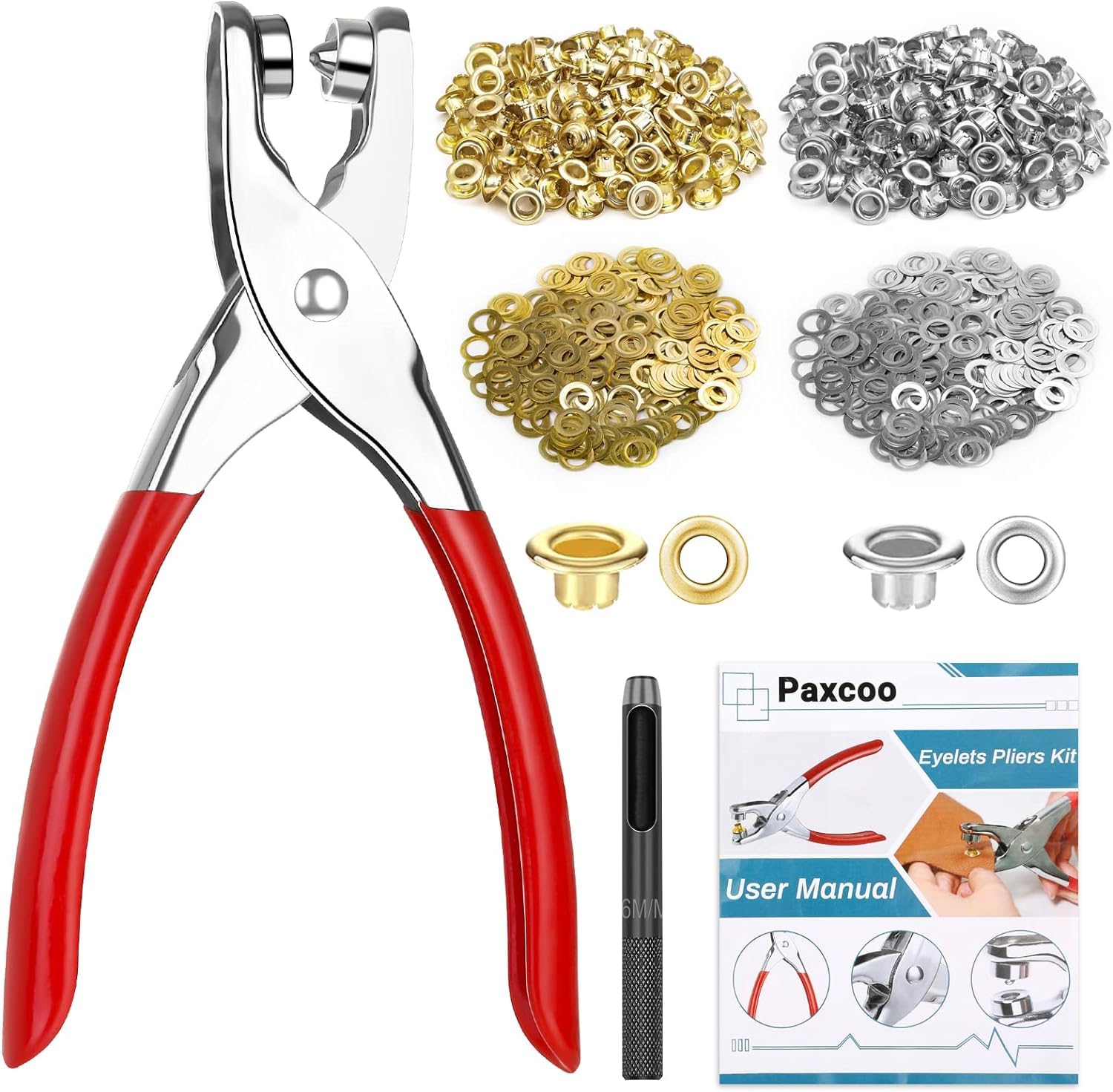 PAXCOO 1203-Piece Grommet Tool Kit with Eyelet Pliers - 1/4 Inch (6mm) Fabric Grommets, Washers & Hole Punch Hand Press Kit for DIY Crafts, Leather, Tarps & Clothing Repair