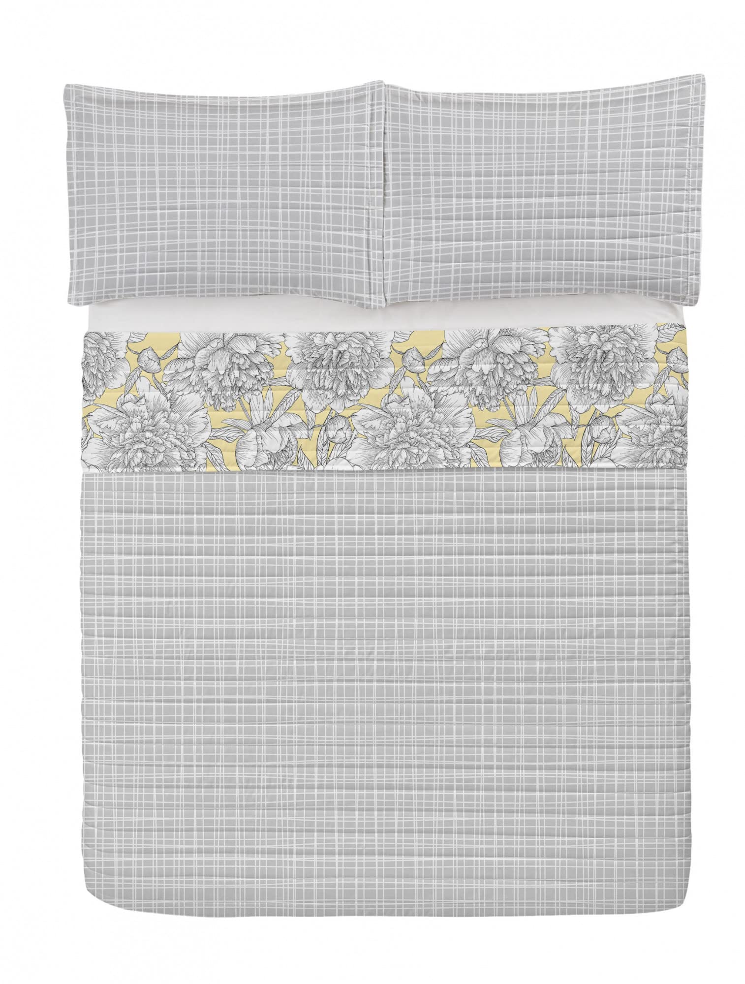 Ambesonne Floral Reversible King Size Bedspread Set with Pillow Shams | Hand-Drawn Rose, Chamomile & Peonies Design on Pale Yellow Microfiber | Perfect for Master Bedroom, Guest Room & Bohemian Home Decor