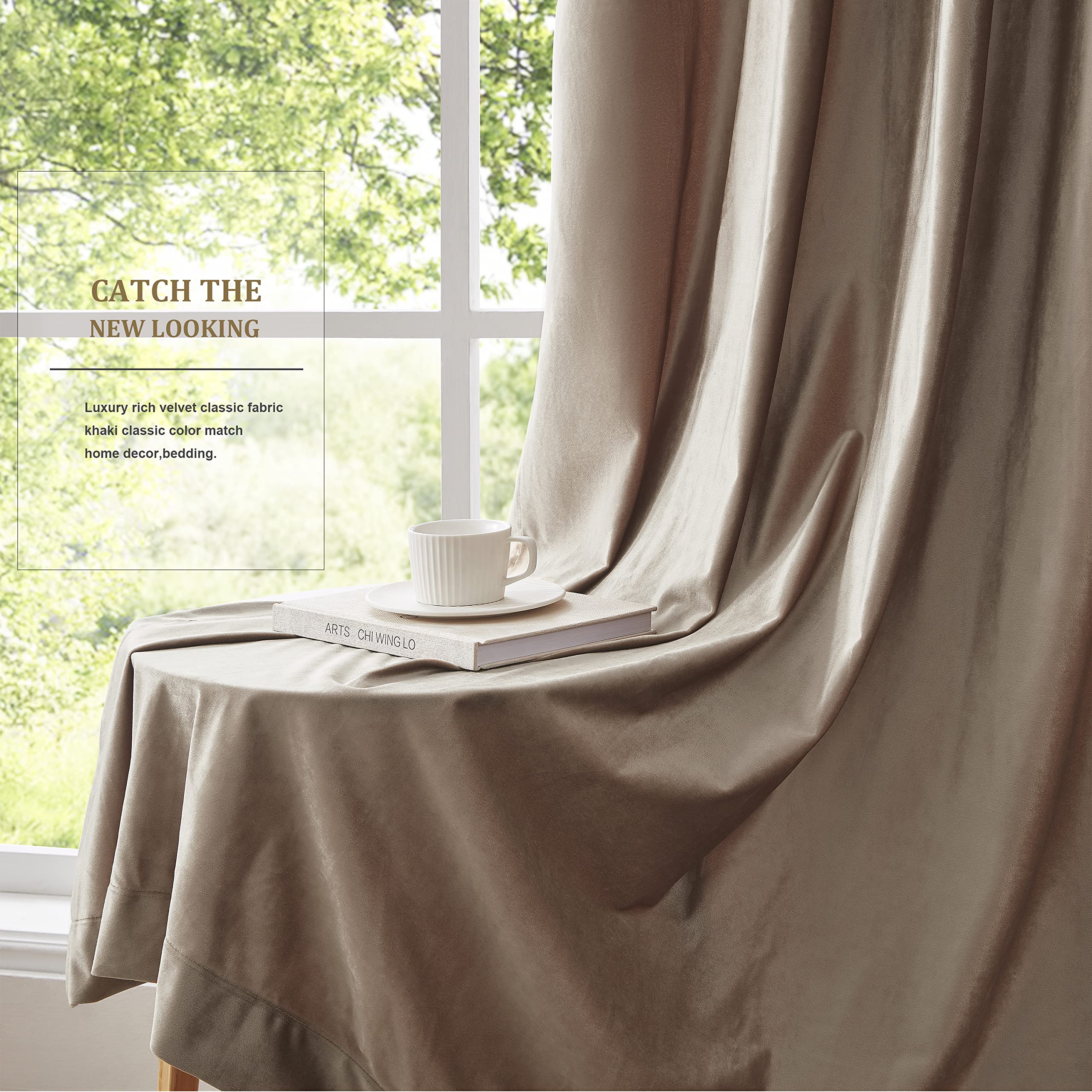 BULBUL Velvet Blackout Curtains 63 Inch Length - Thermal Insulated Room Darkening Drapes for Living Room & Bedroom, Set of 2 Panels in Taupe | Noise Reducing, Energy Saving Window Treatment for Home Decor