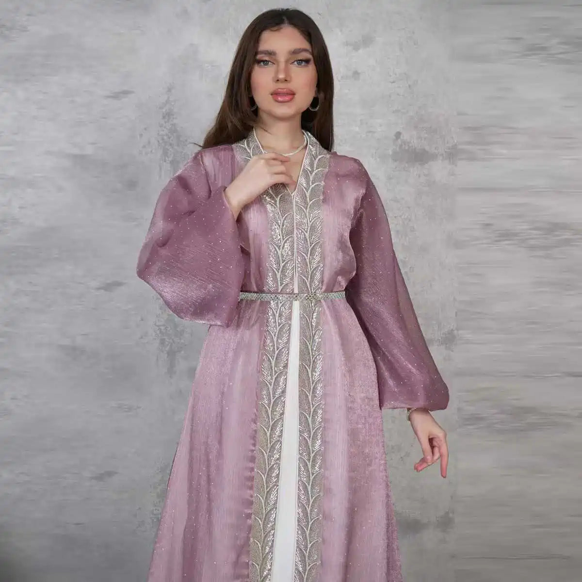 2-Piece Hotfix Rhinestone Caftan Dress Set with Inner Sleeveless Dress #25453 - Elegant Beach Cover Up, Evening Gown & Summer Party Wear for Women