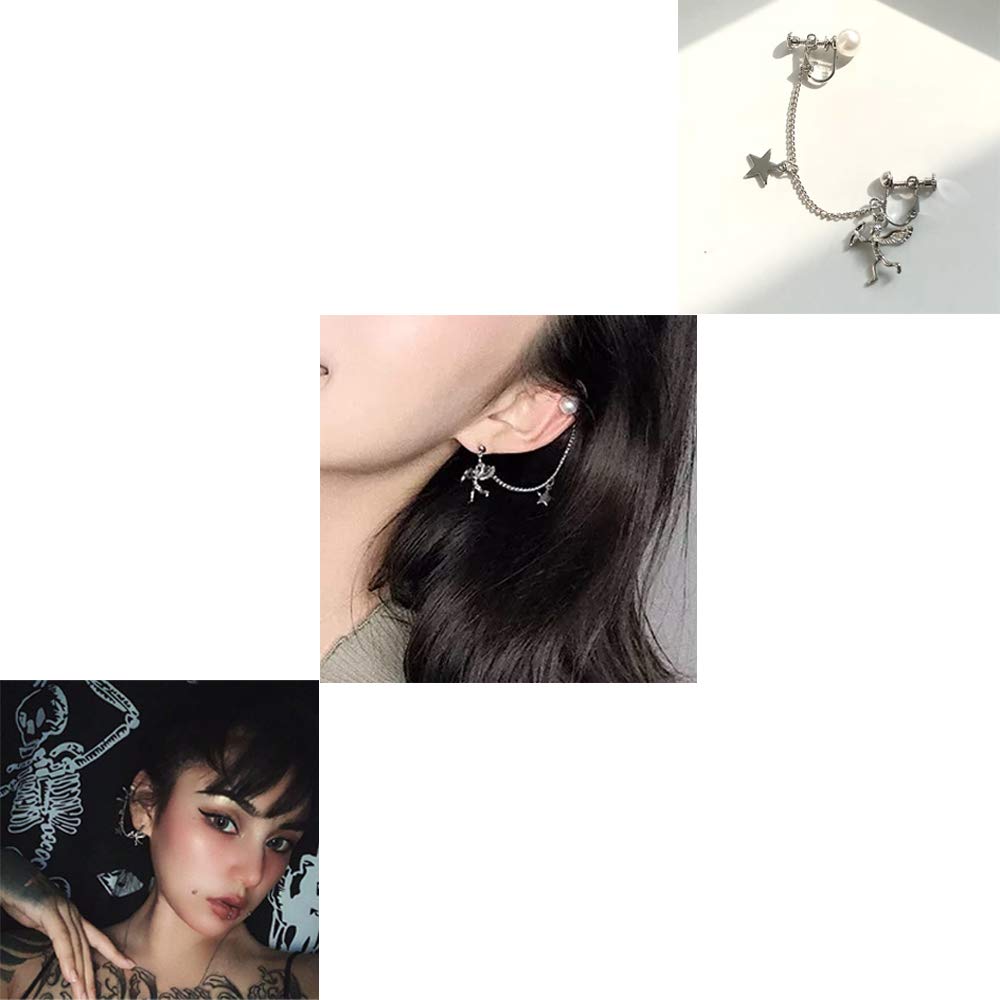 Angel Cupid Pearl Clip-On Earrings for Women - Dangle Chain Star Adjustable Cartilage Earrings - Aesthetic Anime Jewelry Gift for Her | Perfect for Parties, Cosplay & Everyday Wear