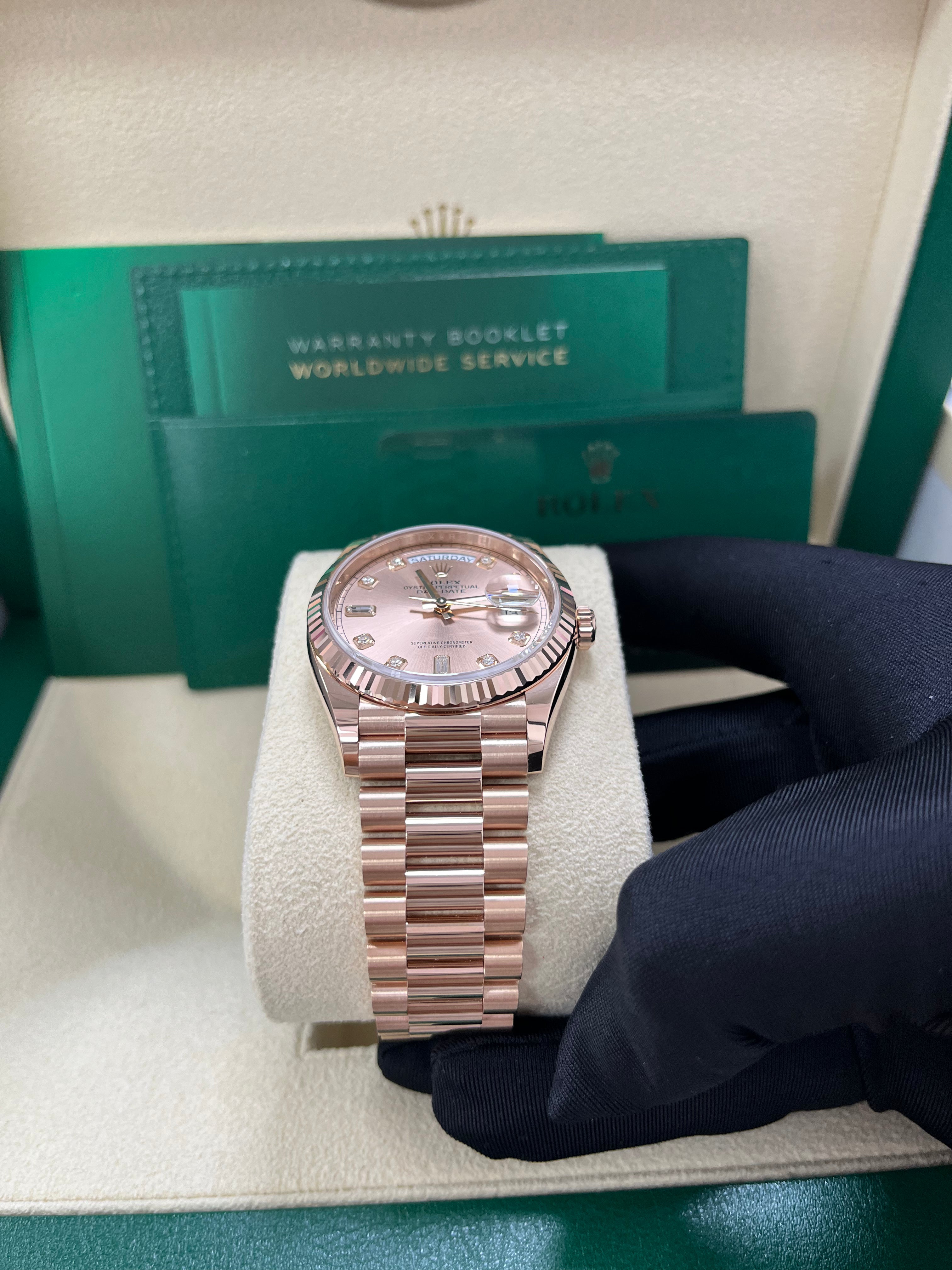 Rolex Day-Date 36 Everose Gold Watch - Fluted Bezel, Rose Diamond Dial, President Bracelet (Ref. 128235) | Luxury Dress Watch for Business & Formal Occasions