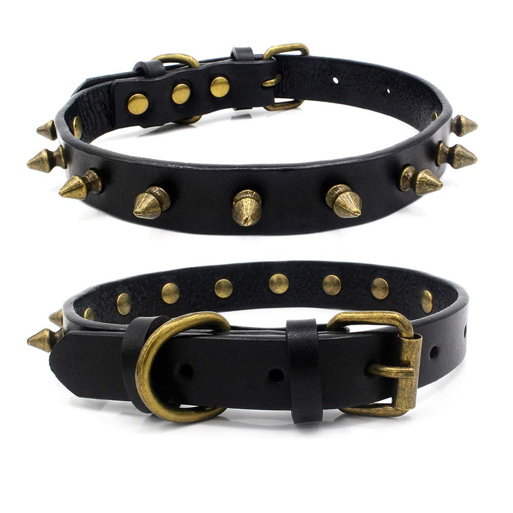 Punk Style Spiked Dog Collar - Adjustable Brass Studded Collar with Rivet Buckle for Small Dogs (15-18