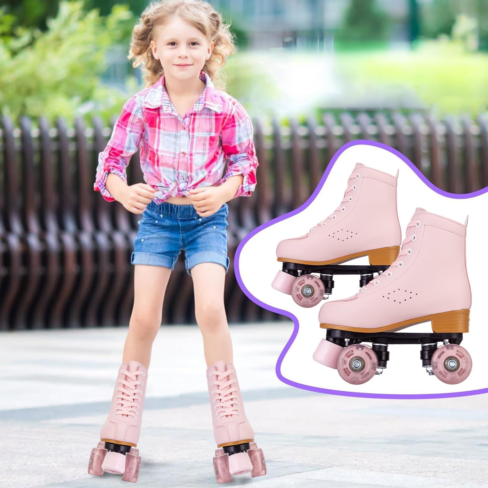 Light Up Roller Skates for Girls & Women - Pink & Purple PU Leather Skates for Indoor & Outdoor Use - Perfect for Beginners Ages 8-12 - Great for Rinks, Parks & Birthday Parties