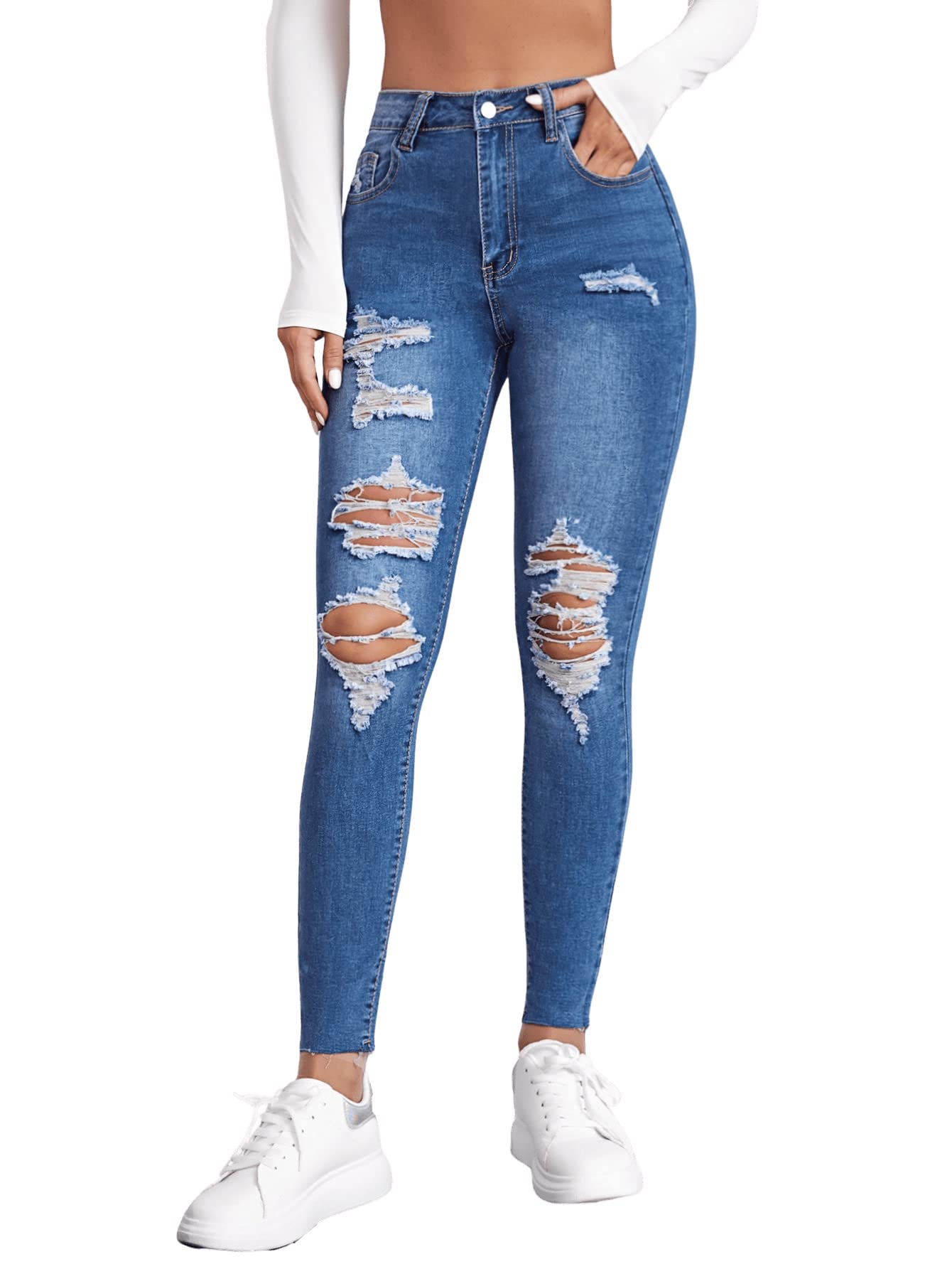 SweatyRocks Women's High Waist Ripped Skinny Jeans - Distressed Denim Pants for Casual Wear | Trendy Stretch Comfort Fit for Everyday Outfits, Date Night & Street Style Fashion