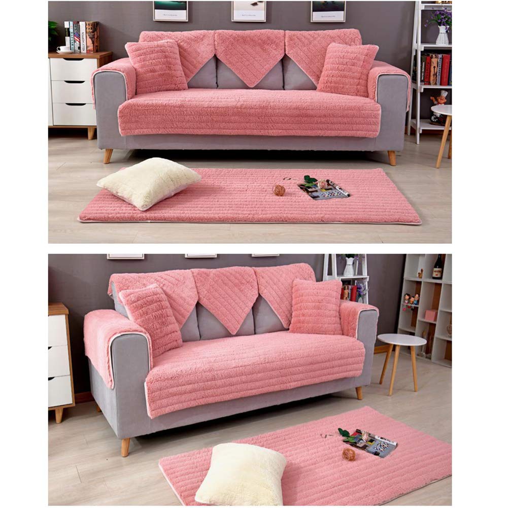 Nileco Quilted Plush Sofa Slipcover - Winter Thick Anti-Slip Furniture Protector for Sectional Couch, 110x180cm (43x71inch) - Soft Pink Living Room Decor for Cozy Home Comfort