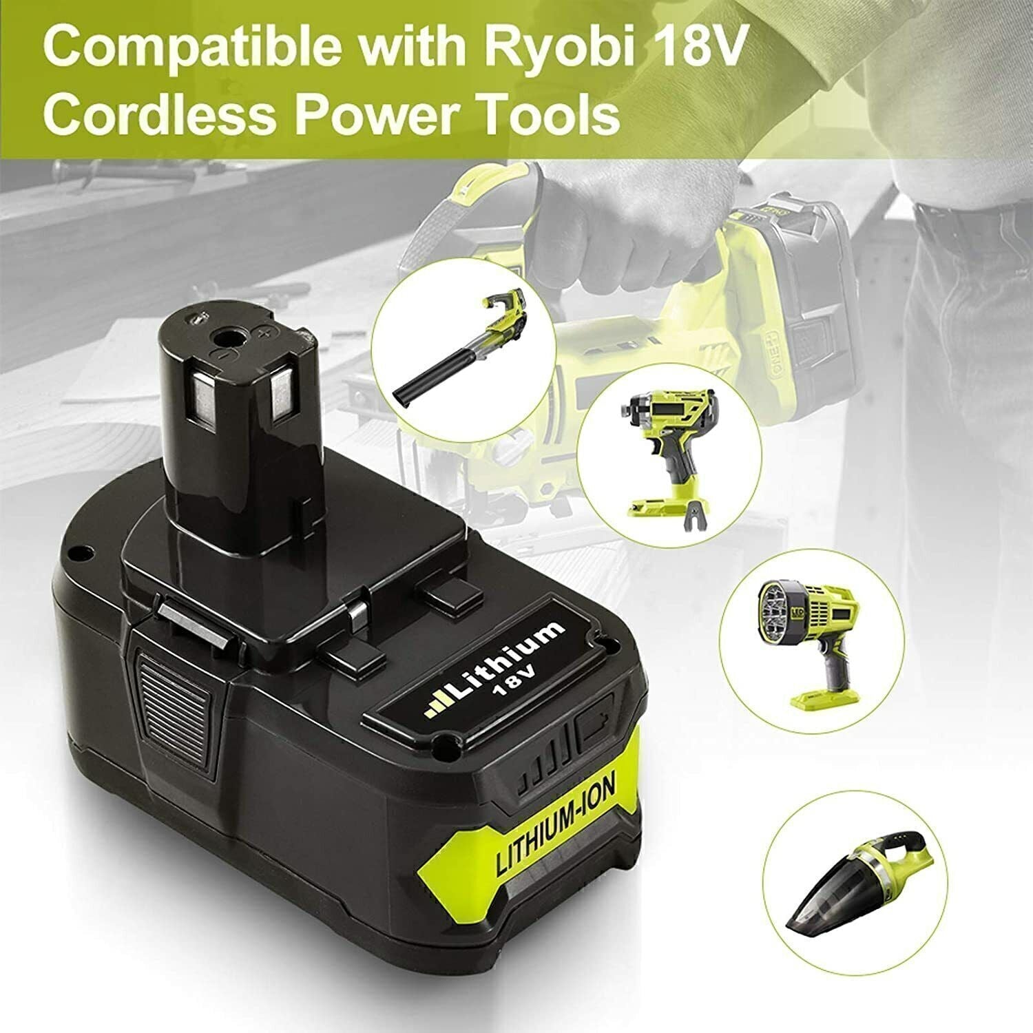 Ryobi P108 18V One+ Plus Replacement Battery - Compatible with Ryobi 18V Power Tools - Perfect for Drills, Saws, and Outdoor Equipment