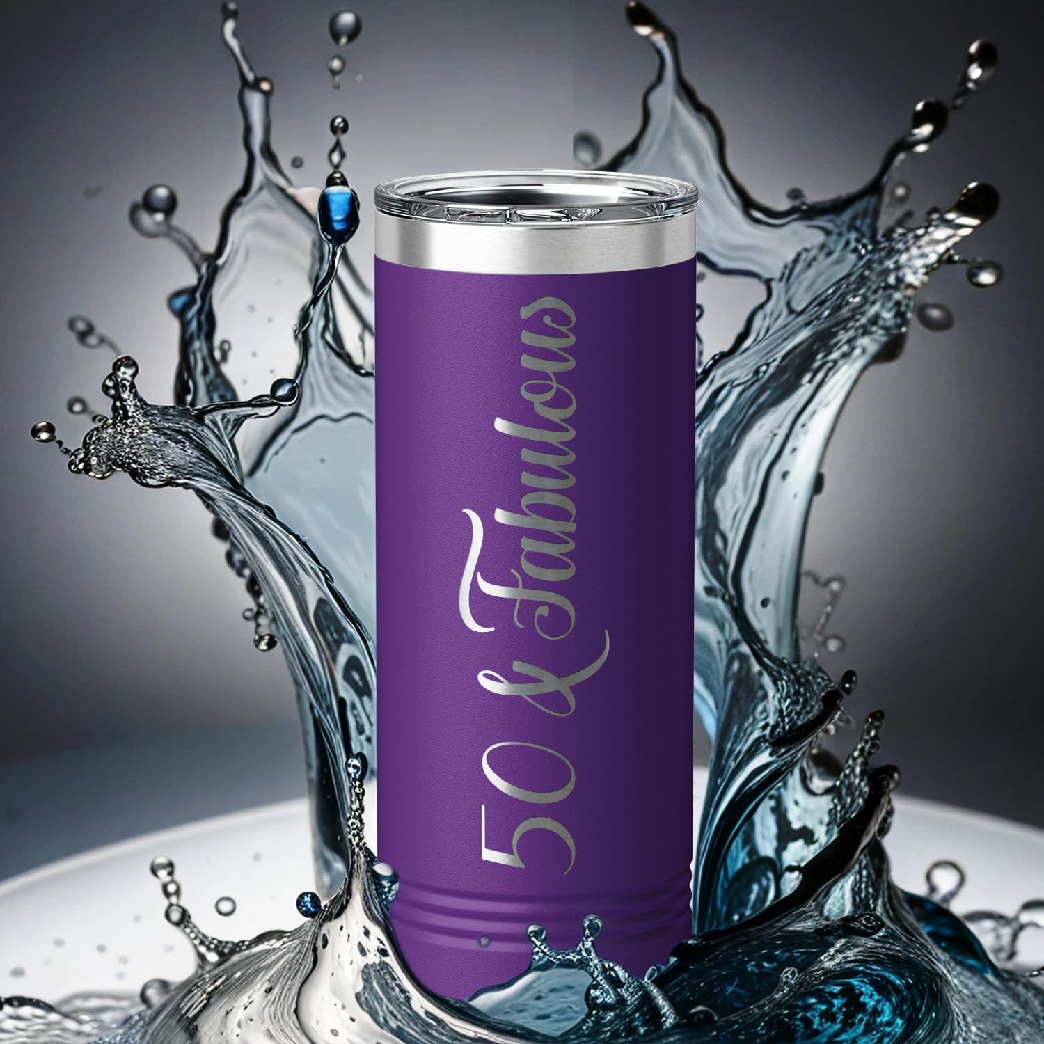 50 & Fabulous 22 oz Skinny Tumbler - Vacuum Insulated Cup for Women's 50th Birthday Gifts with Purple Decorations - Perfect for Coffee, Tea & Cold Drinks at Home, Office or Travel