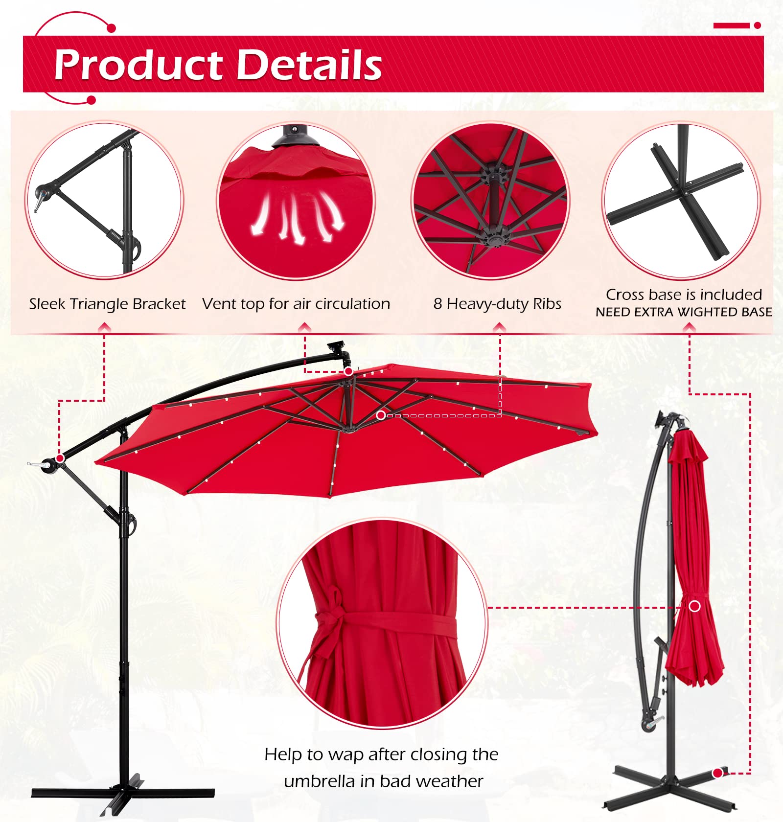 AECOJOY 10FT Solar Powered LED Cantilever Patio Umbrella with 24 Lights - Hanging Offset Market Umbrella with Cross Base for Backyard, Garden, Poolside (Red) | Perfect for Outdoor Dining, Lounging & Entertaining