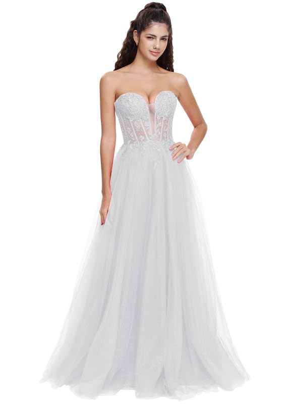 Elegant Strapless Tulle Prom Dress for Women - Sweetheart Neckline with Applique Detailing, Long See-Through Formal Evening Gown for Homecoming, Wedding, Ball & Special Occasions