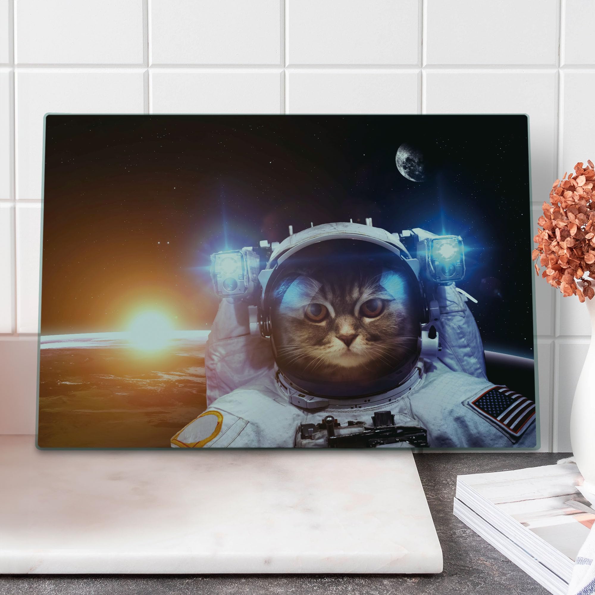 Ambesonne Space Cat Tempered Glass Cutting Board - Large Kitten in Space Suit with Sun, Lunar Eclipse & Stars Design - White, Orange & Dark Blue Decorative Serving Board for Kitchen, Dining & Gifts