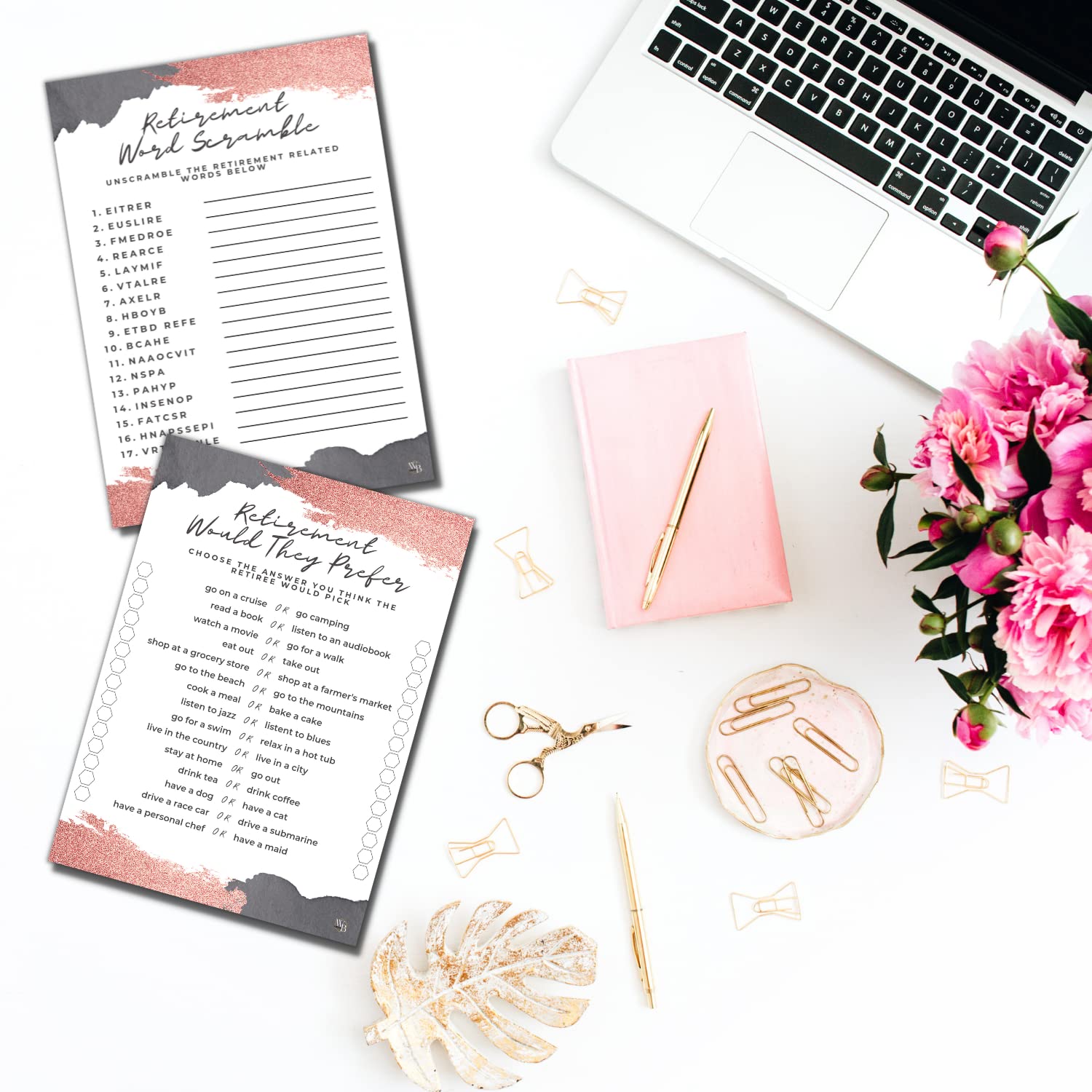 Rose Gold Retirement Party Games Cards - 50 Double-Sided Word Scramble & Would They Prefer? Game Cards for Women, Adults & Seniors - Perfect for Retirement Celebrations, Office Parties & Senior Social Events