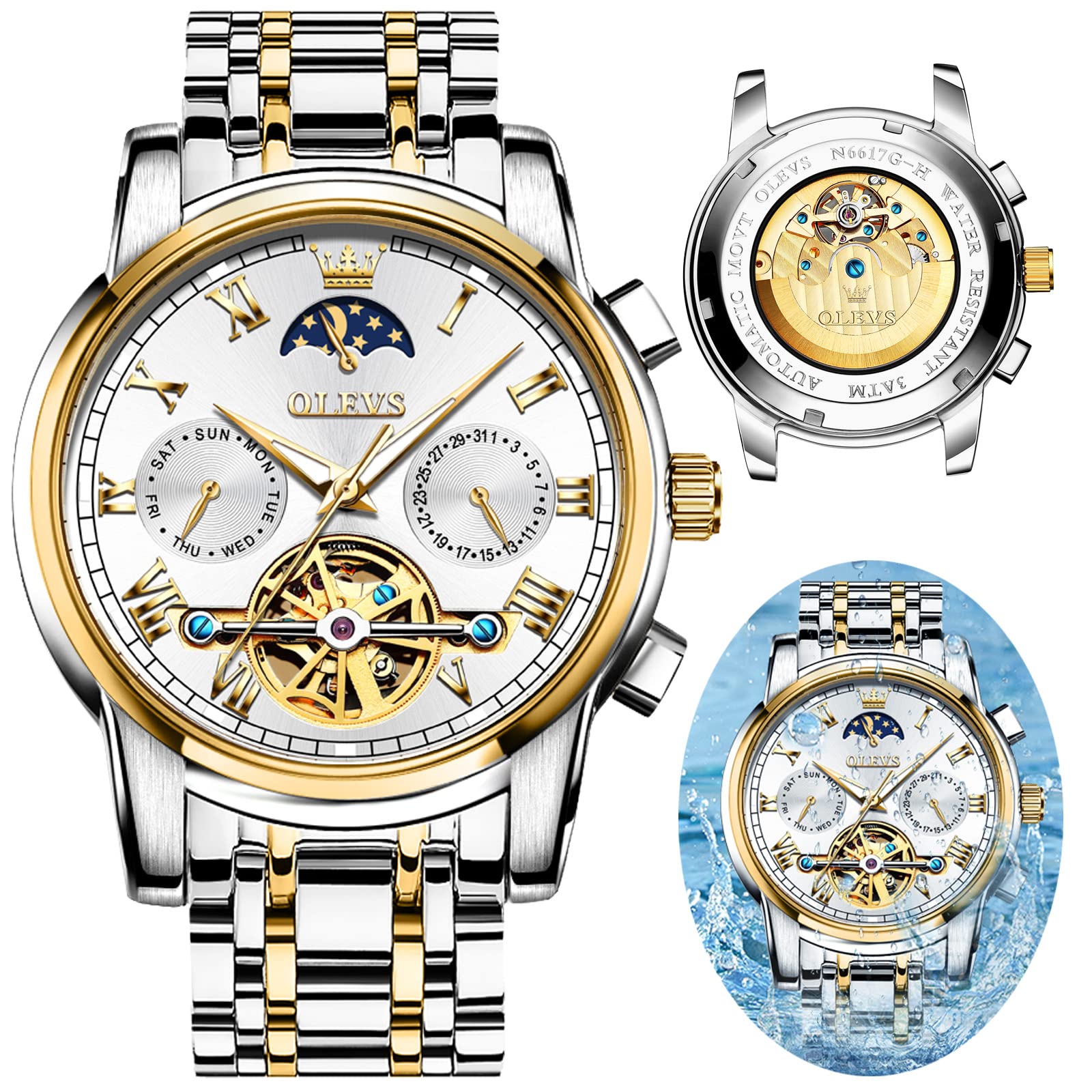 OLEVS Automatic Mechanical Tourbillon Men's Watch - Self-Winding Skeleton Stainless Steel Waterproof Luminous Date Wristwatch for Business, Formal & Casual Wear