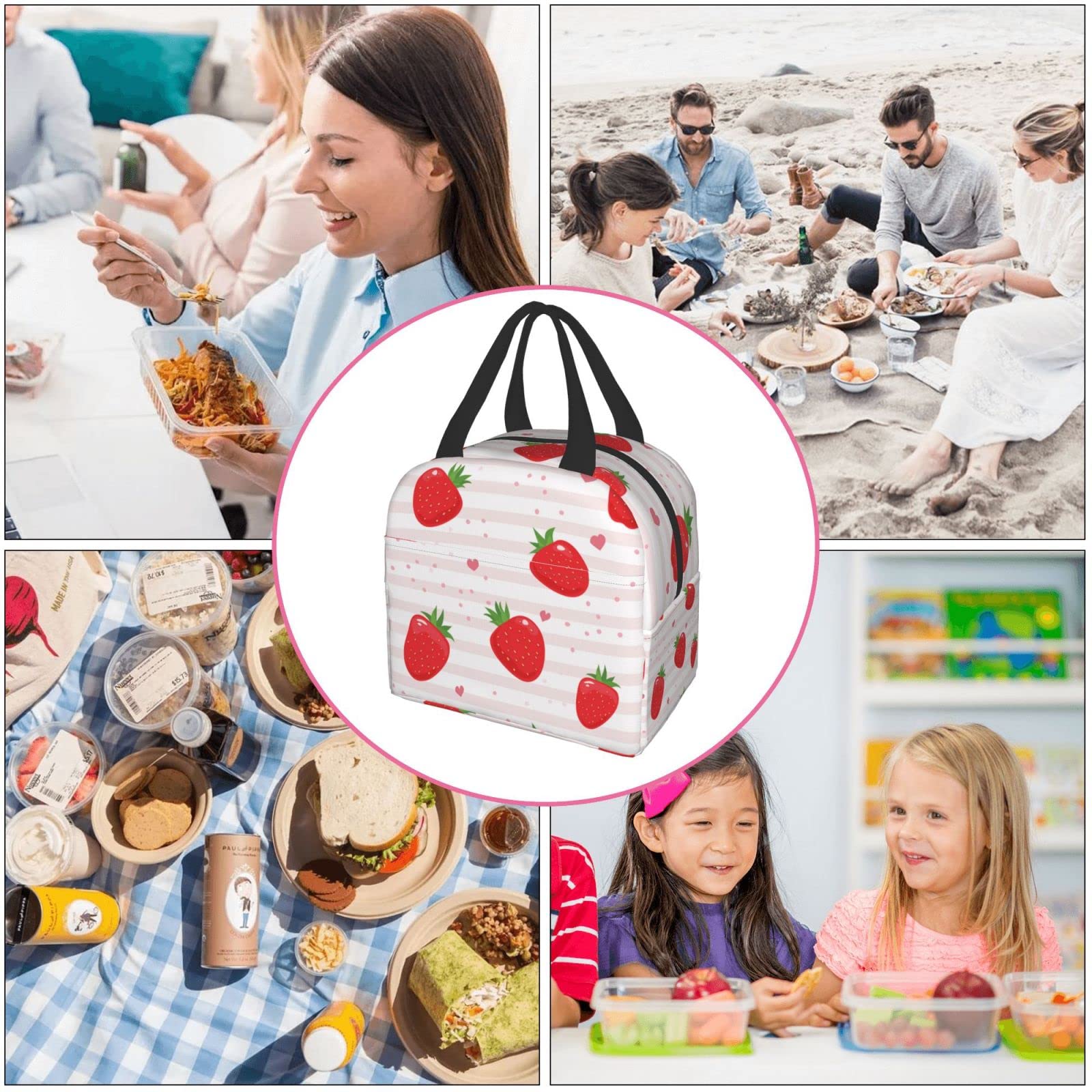 Strawberry Heart Insulated Lunch Bag - Reusable Bento Box & Cooler Tote for Work, Picnic, School - Cute Eco-Friendly Food Container for Women & Men - Perfect for Office, Outdoor, and Shopping