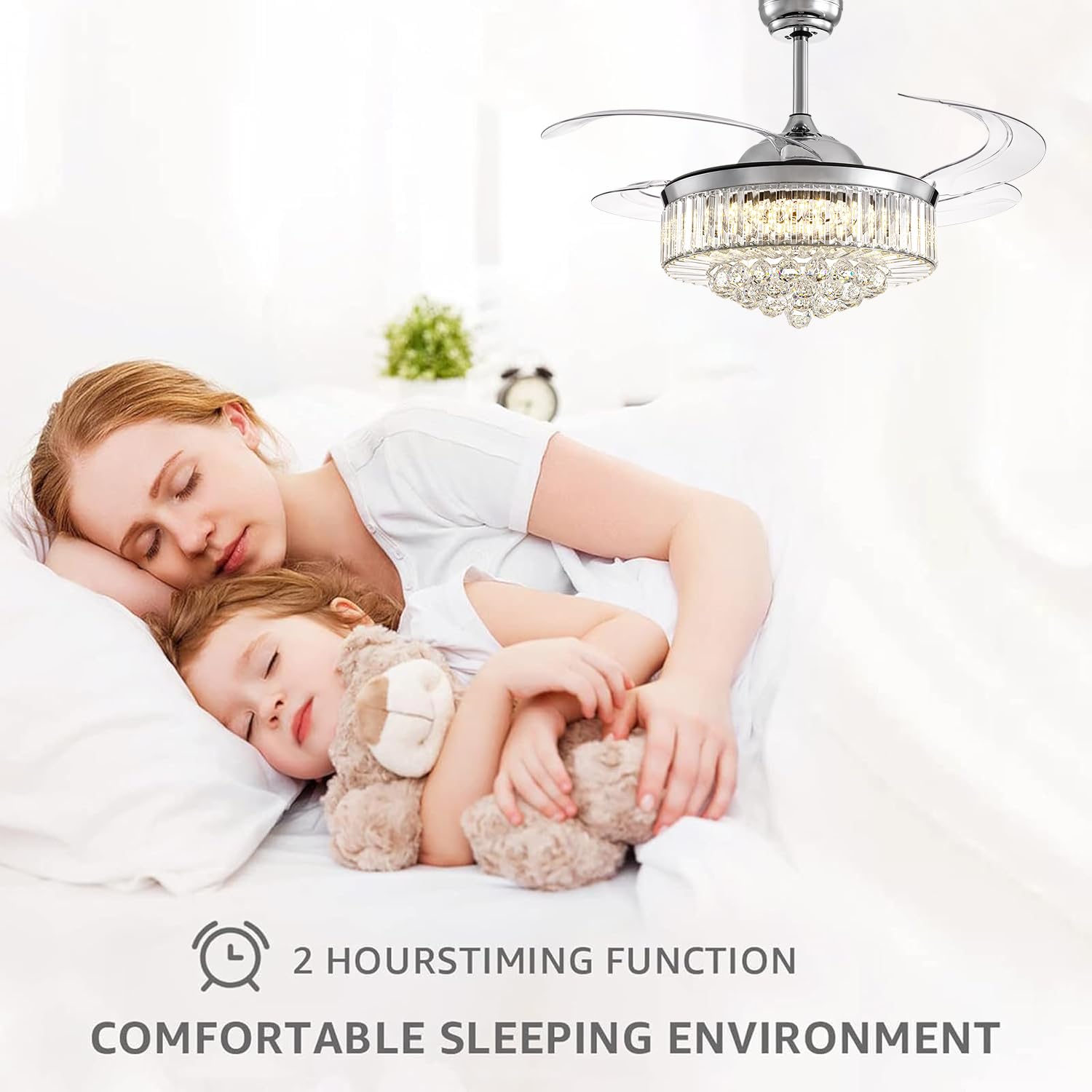 NOXARTE 48 Inch Crystal Chandelier Ceiling Fan with Light - Retractable Blades, Remote Control, Dimmable LED - Perfect for Bedroom, Living Room, Dining Room & Home Decor
