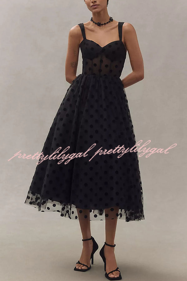 Elegant Polka Dot Sweetheart Bustier A-Line Midi Dress for Women - Perfect for Weddings, Parties & Special Occasions