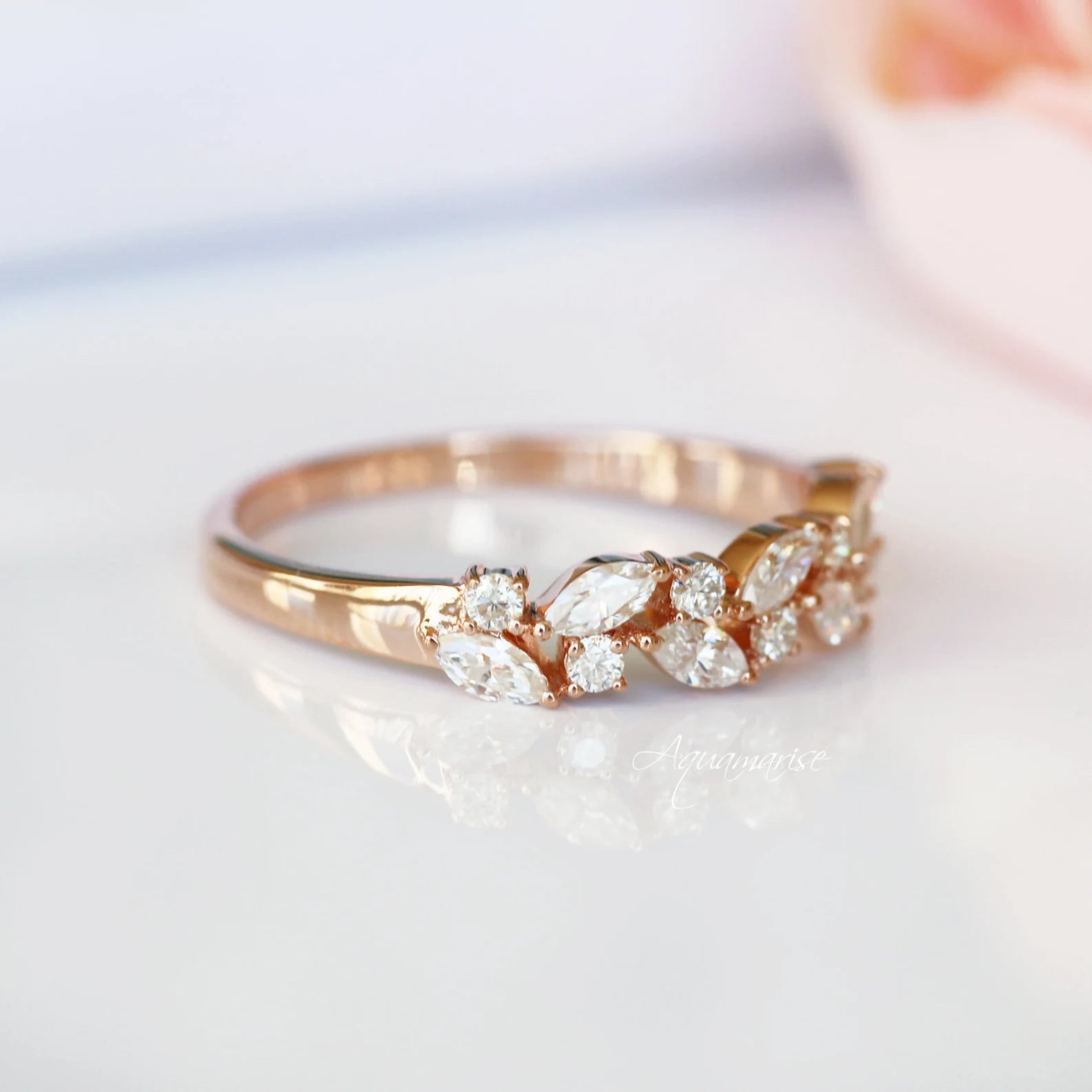 14K Solid Rose Gold Marquise Cut Natural Diamond or Moissanite Wedding Band - Elegant Bridal Ring for Engagement, Anniversary & Special Occasions