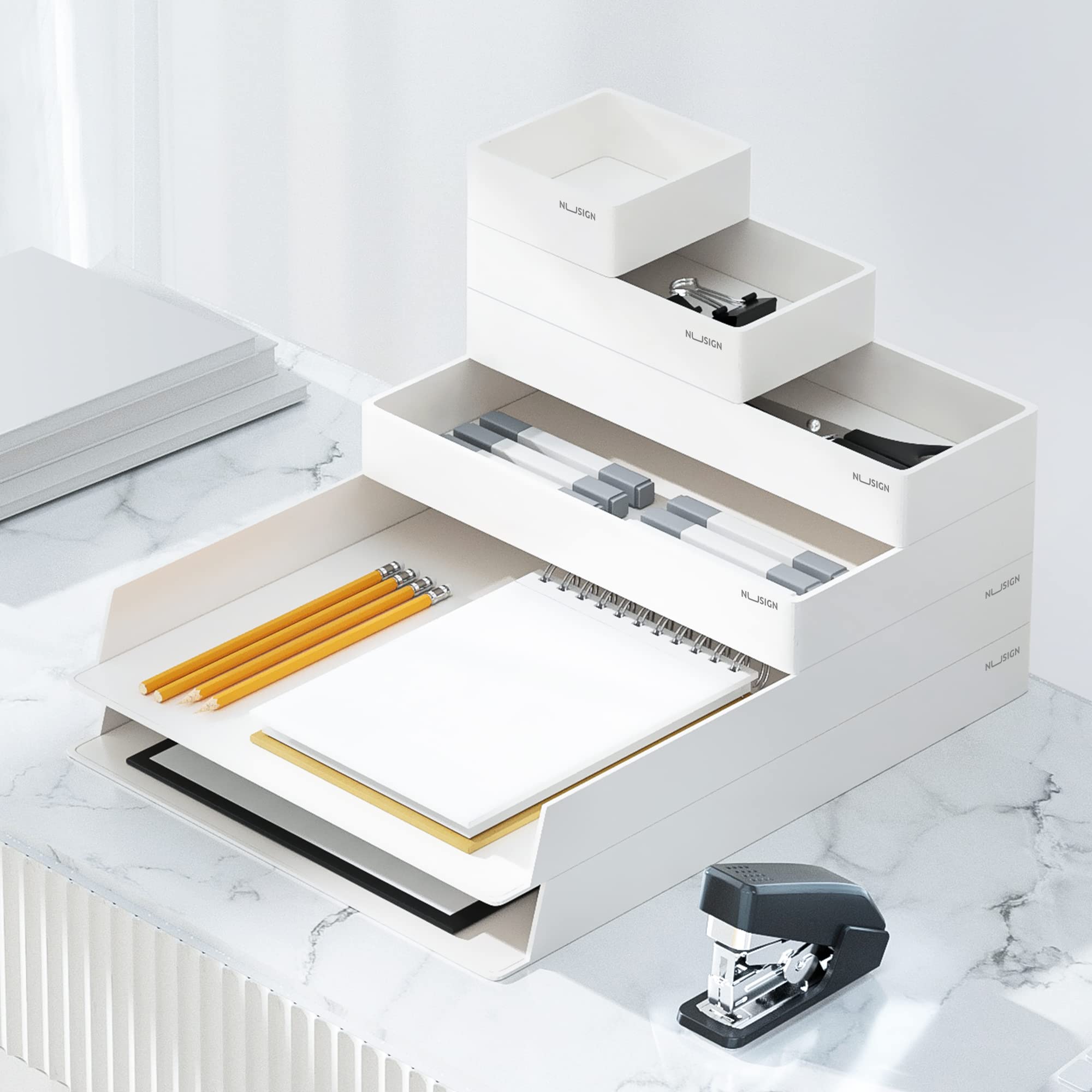 NUSIGN 6-Piece Stackable Paper Letter Tray Organizer - White Desk File Sorter for Office, Workspace & Home Organization - Perfect for Mail, Documents, Bills and Office Supplies Storage