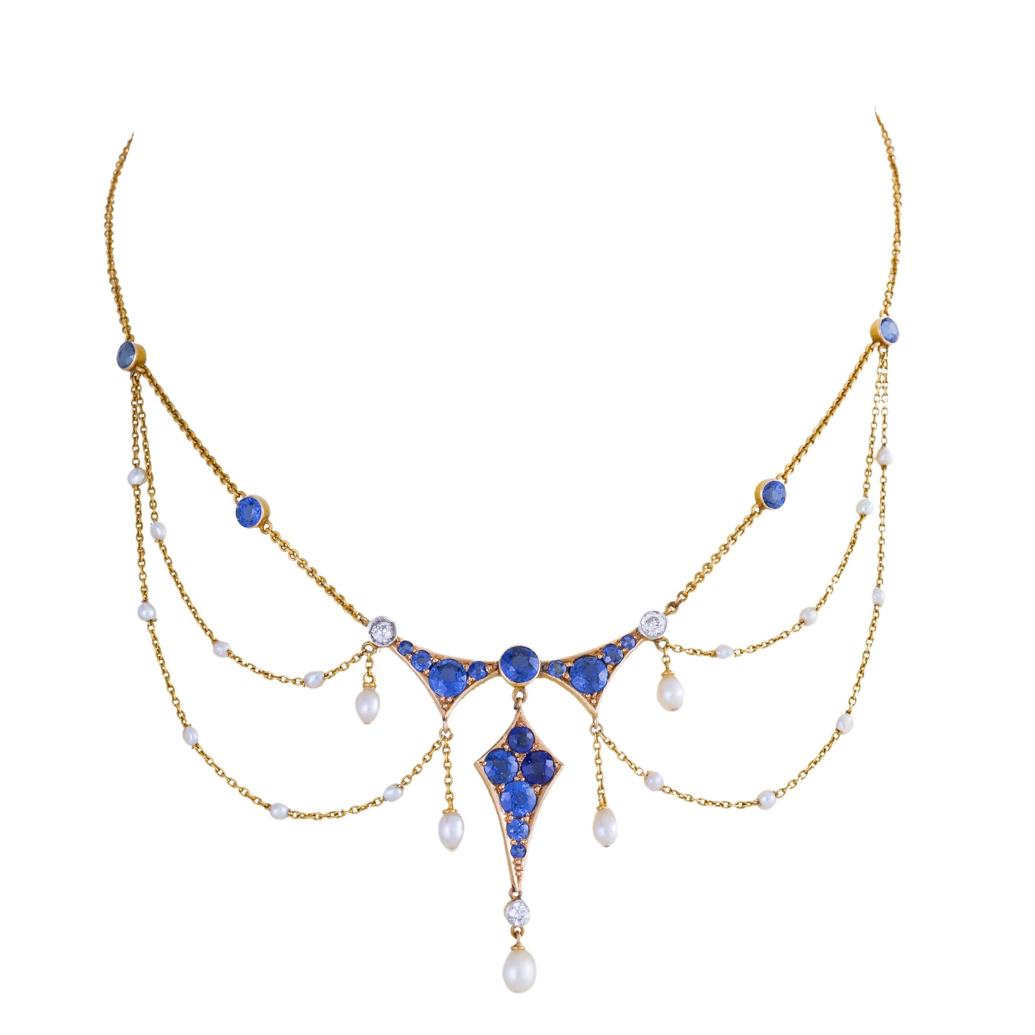 Montana Sapphire, Seed Pearl & Diamond Garland Necklace – Elegant Jewelry for Weddings, Parties & Special Occasions