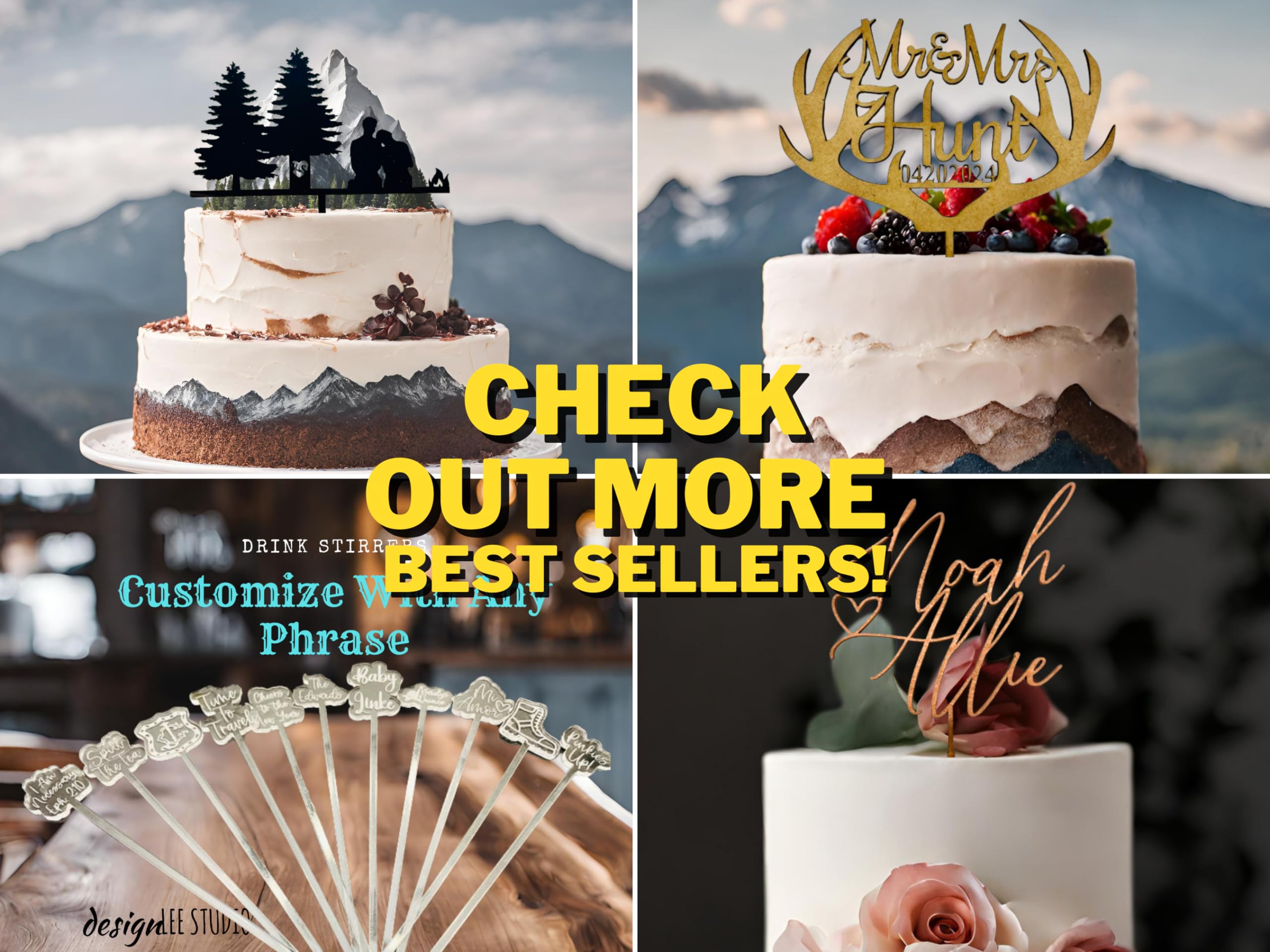 Rustic Wedding Cake Topper | Mountain-Themed Bride & Groom Silhouette | Custom Anniversary Cake Decoration for Weddings, Engagements & Romantic Celebrations
