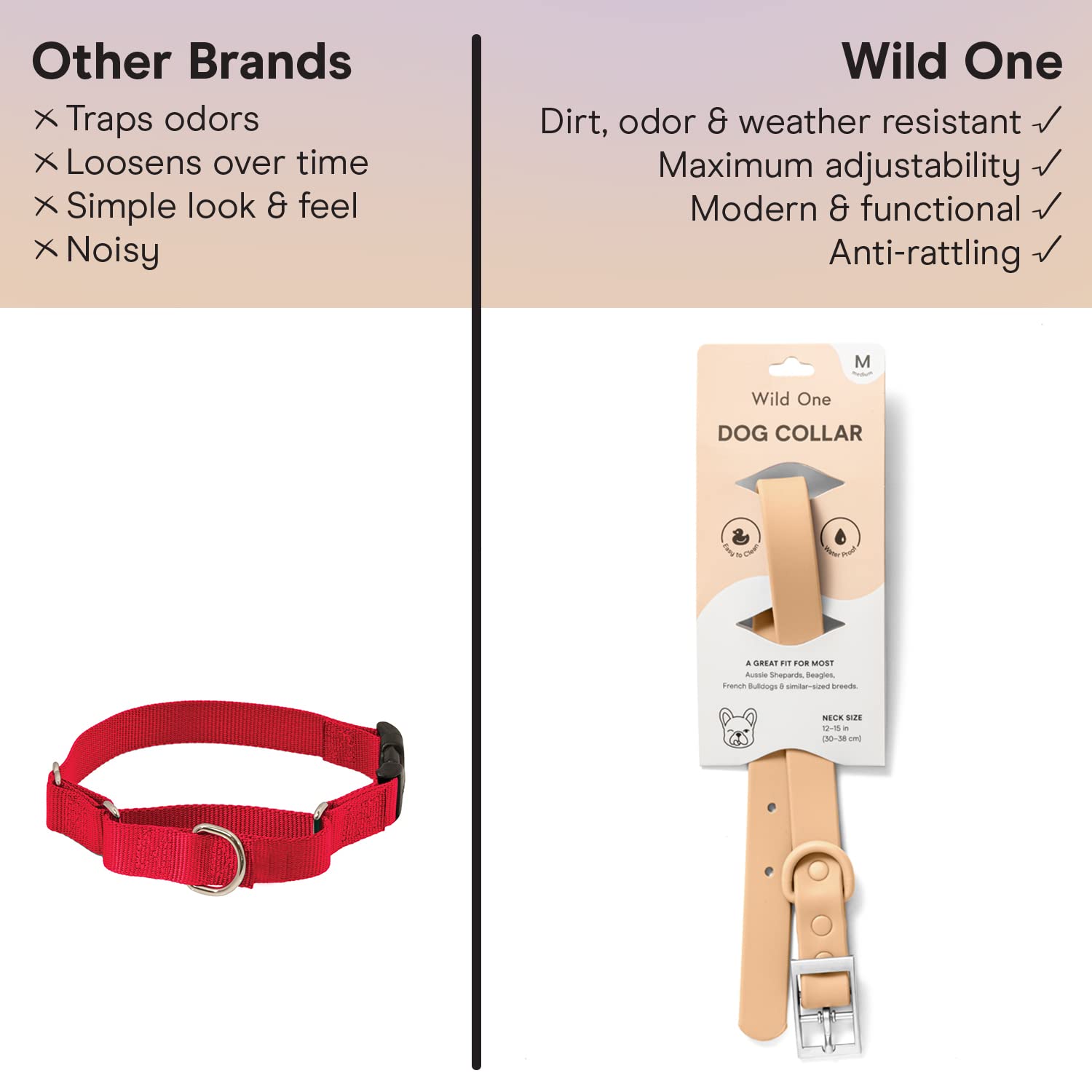 Wild One Dog Collar - Original Easy-Clean All-Weather Flex-Poly Strap with Metal Hardware | Durable, Dirt & Odor Resistant | XS Size in Tan | Perfect for Outdoor Adventures & Daily Walks