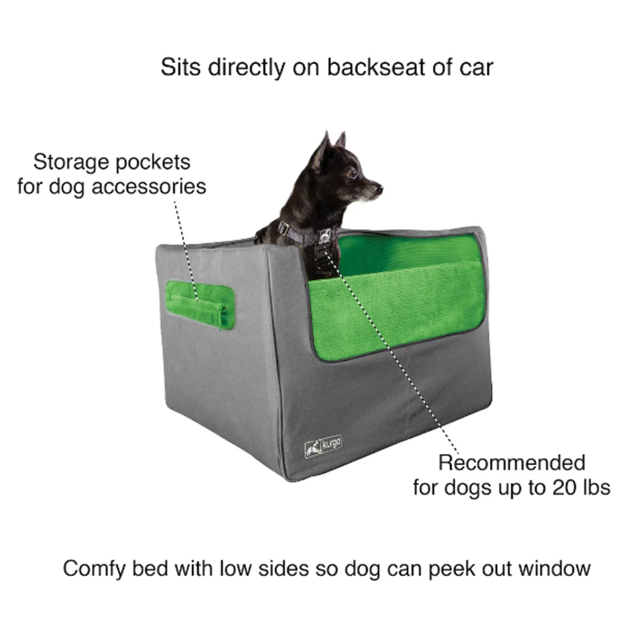 Kurgo Skybox Rear Booster Seat for Dogs - Grey & Green Pet Car Seat | Safe Travel Solution for Small & Medium Dogs | Perfect for Road Trips & Vet Visits