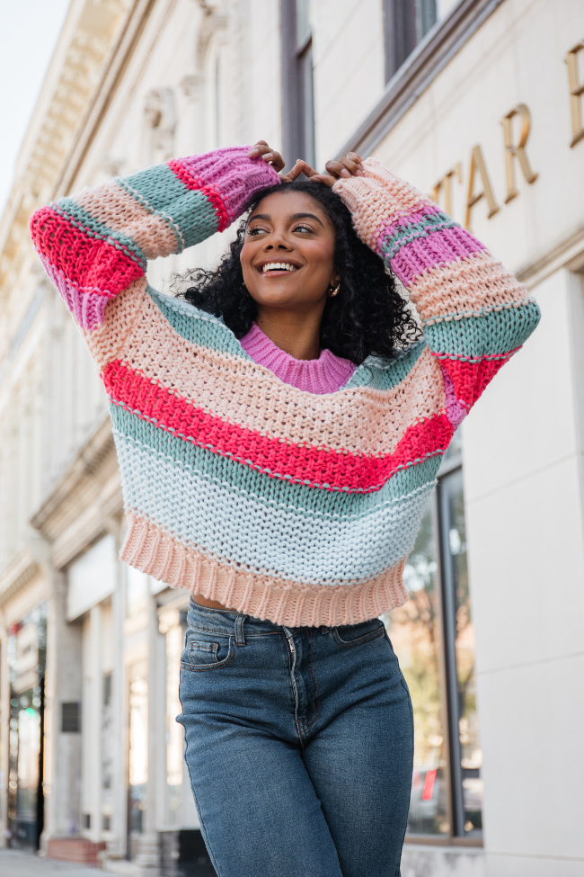 Chunky Striped Sweater for Women - Cozy Peach Knit Pullover with Inline Design | Perfect for Fall & Winter Fashion, Casual Outfits, and Layering