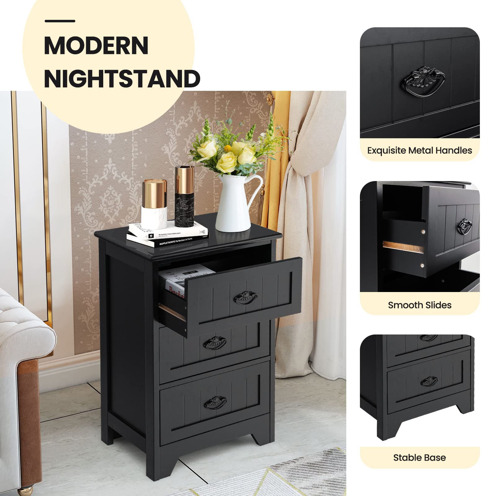 Giantex 3-Drawer Nightstand with Metal Handles, Bedside Table with Anti-Tip Design - Black Accent Table for Bedroom, Living Room & Office | Perfect for Storing Books, Lamps & Bedroom Essentials