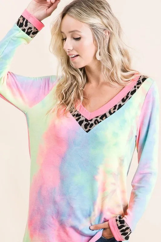 BiBi Tie Dye Terry V Neck Top - Soft Cotton Women's T-Shirt for Casual Wear, Summer Outfits & Beach Vacations
