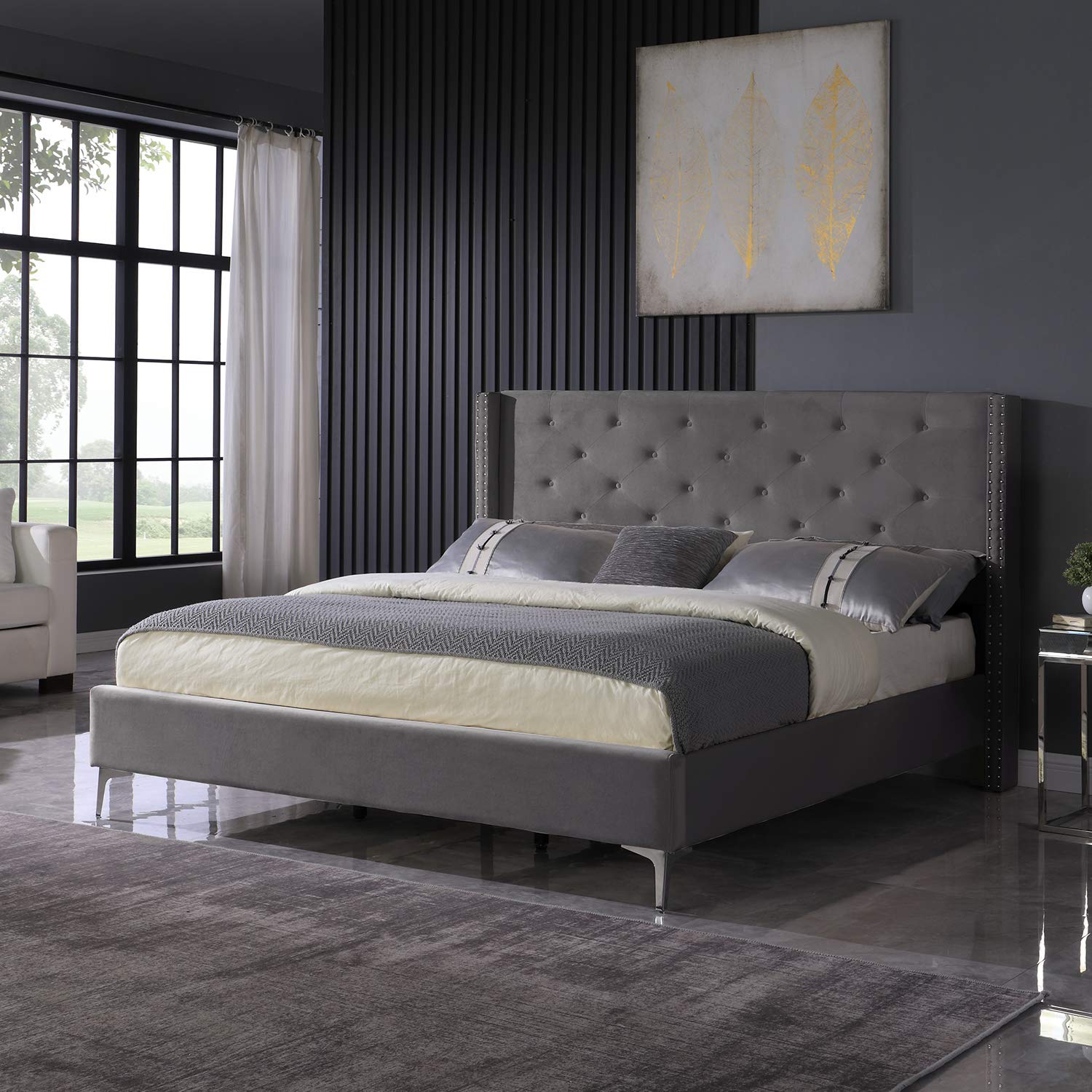 Modern Fort Upholstered California King Bed Frame with Tufted Velvet Headboard - Grey Fabric Platform Bed, No Box Spring Needed - Perfect for Master Bedroom & Luxury Bedroom Decor