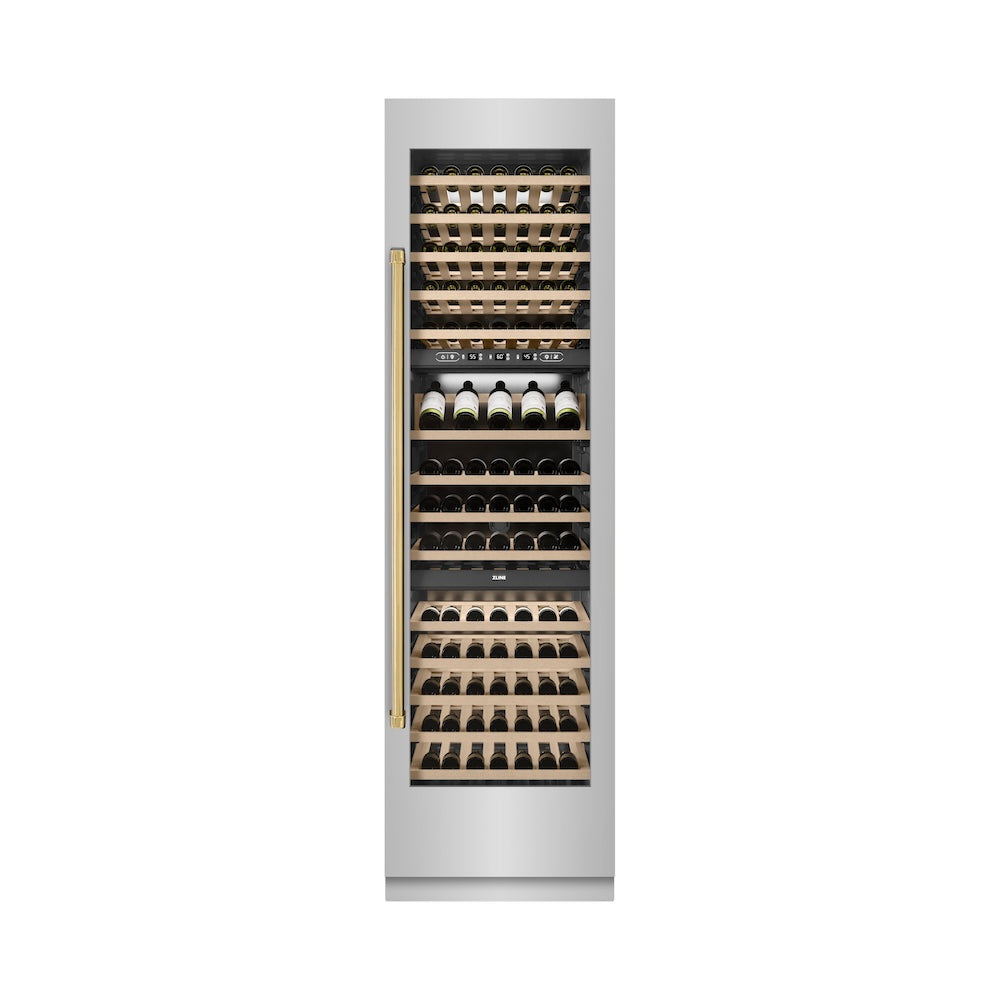 ZLINE Autograph Edition 24 Inch 12.4 Cu Ft Triple Zone 100 Bottle Stainless Steel Wine Cooler with Polished Gold Accents - Perfect for Home Bars, Wine Cellars & Entertaining (RCWVZ 304 24 G)