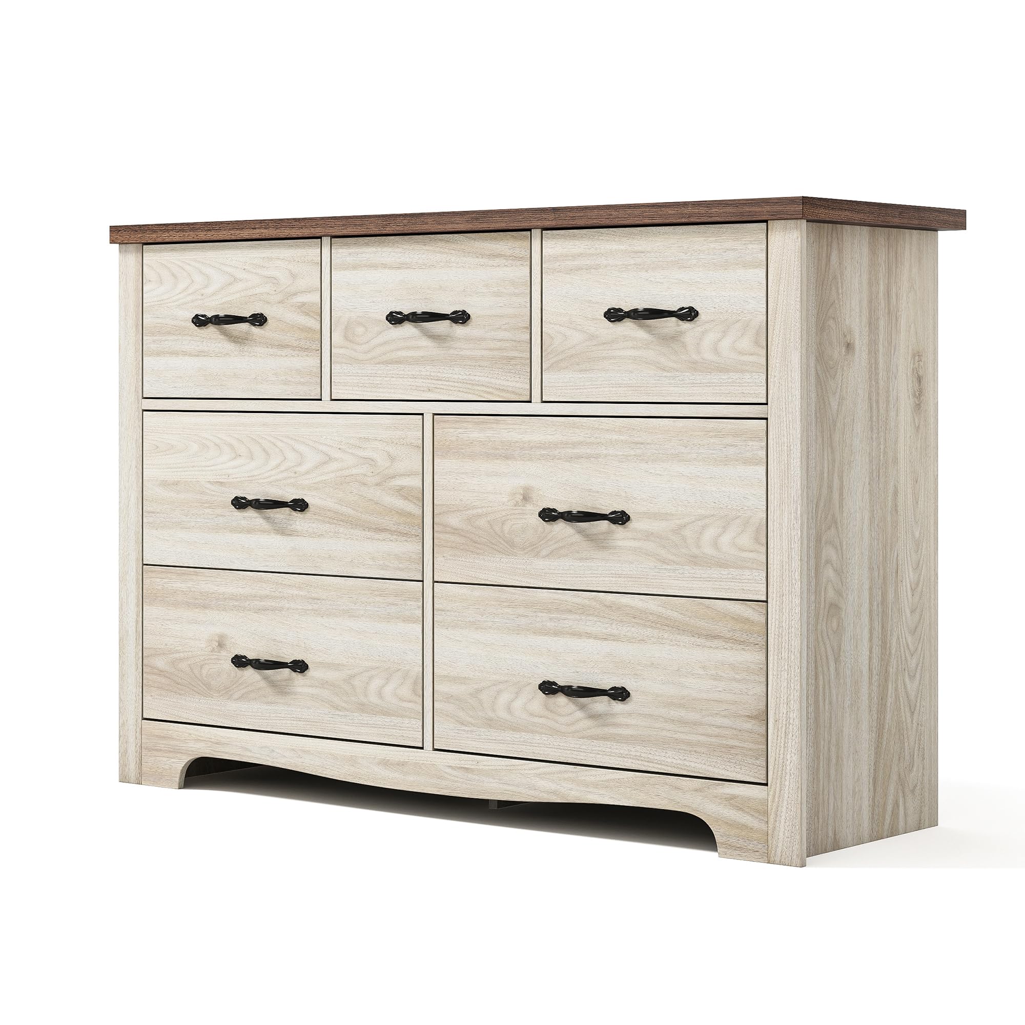 LINSY HOME 7-Drawer Double Dresser - SGS Certified Solid Wood Bedroom Dresser with Wide Drawers, Farmhouse Style Storage Chest for Bedroom & Living Room - Perfect for Organizing Clothes, Linens, and Home Decor