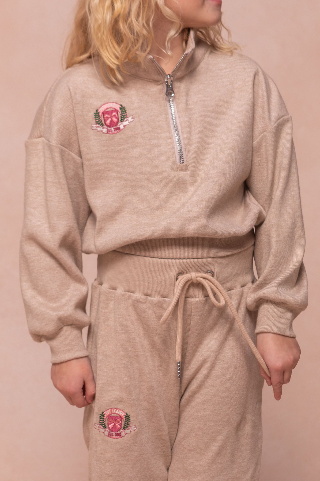 Mini Ivy Half Zip Pullover Embroidered Sweatshirt in Oatmeal - Cozy Casual Loungewear for Women | Perfect for Fall & Winter Outfits, Yoga, and Coffee Dates