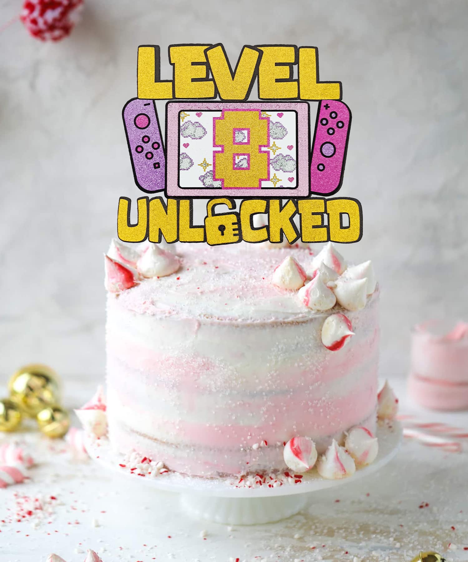 Girls Level 8 Unlocked Cake Topper - Glitter Gaming Birthday Decor for 8th Birthday Party | Video Game Theme Party Supplies | Perfect for Girl Gamer Celebration, Cake Decorations & Gaming Party Favors