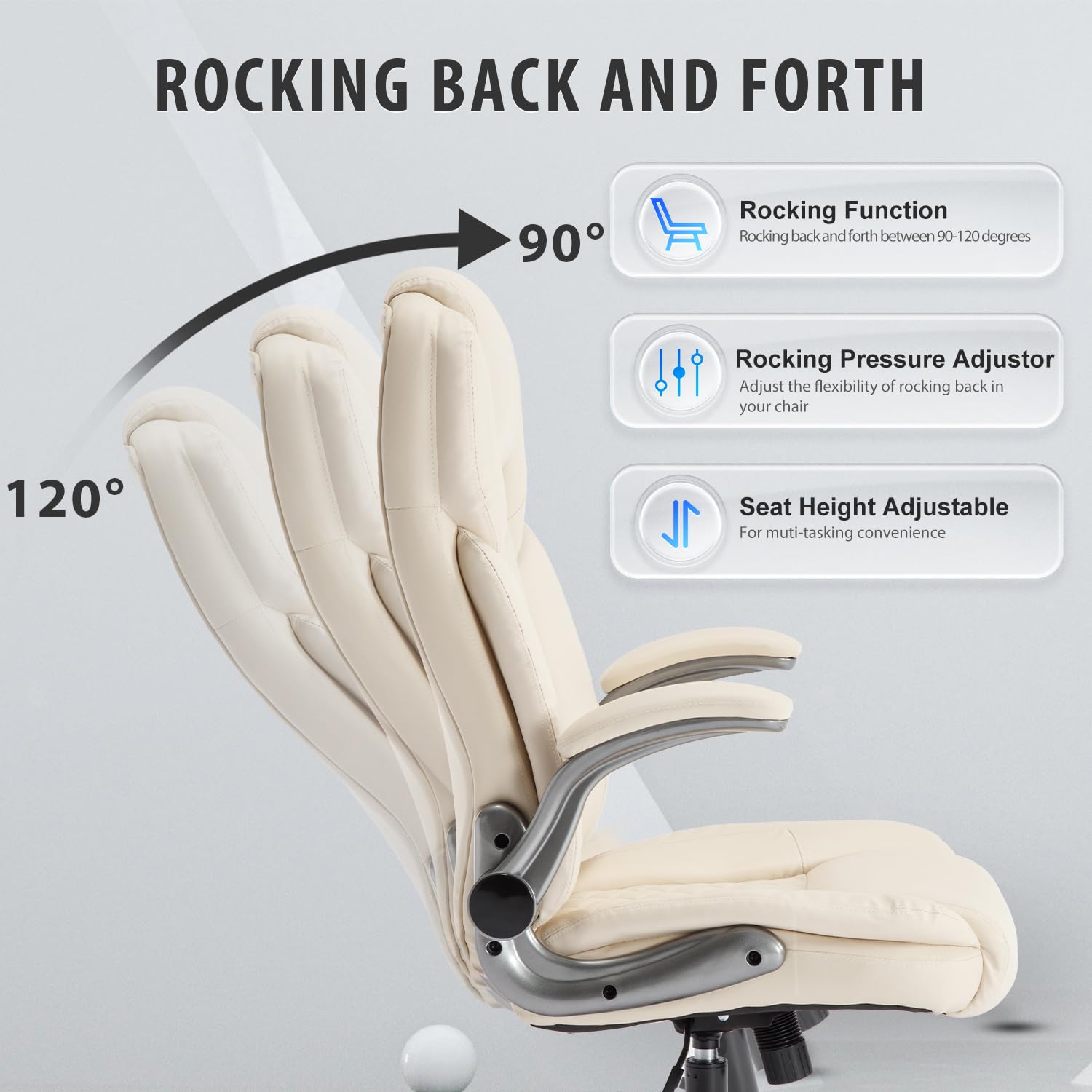 Ergonomic High Back Office Chair with Flip-Up Arms, PU Leather Executive Desk Chair with Wheels & Lumbar Support - 90-120° Adjustable Rocking Swivel Chair for Home Office, Gaming & Computer Work (Beige)