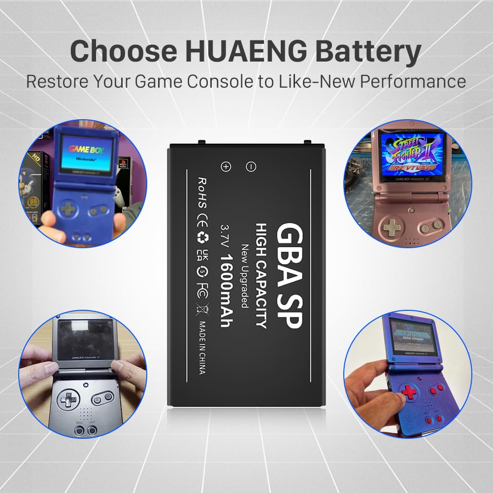 Upgraded 1600mAh Rechargeable Lithium-ion Battery Pack for Gameboy Advance SP (GBA SP) - Replacement Battery for AGS-001 & SAM-003 Models with Tool Kit - Perfect for Gaming On-The-Go & Retro Console Enthusiasts