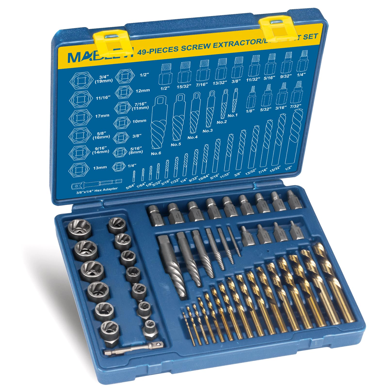 MABLEVI 49 Pcs Screw Extractor Bolt Extractor Set - Left Hand Drill Bit & Multi-Spline Stripped Bolt Remover for Broken, Rusted Nuts, Bolts, Screws - Ideal for Automotive, Machinery, and DIY Repairs