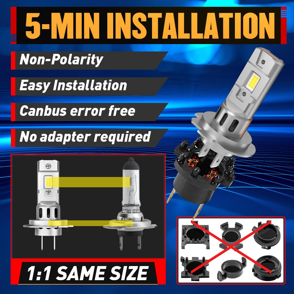 H7 LED Bulbs 30000LM Super Bright - High/Low Beam 6500K Cool White - 150W with Cooling Fan - No Adapter Needed - 1:1 Mini Size - Plug & Play - H7 LED Fog Light Bulbs (Pack of 2) - Perfect for Cars, Trucks, SUVs & Motorcycles - Upgrade Your Night Driving Safety