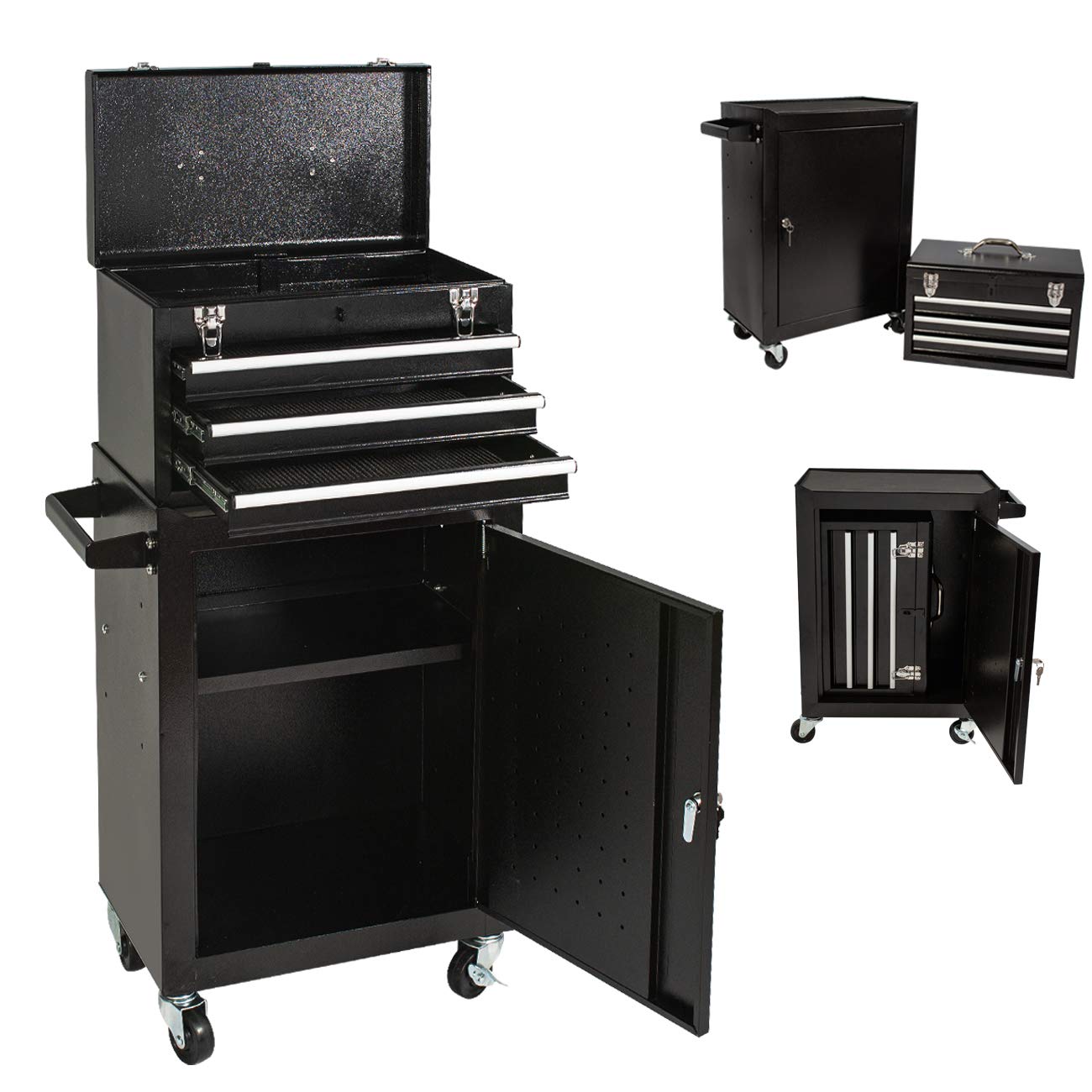On Shine Rolling Tool Chest & Tool Box with 4 Wheels & 3 Drawers - Large Capacity Lockable Tool Cabinet for Garage, Workshop & Warehouse Storage (Black) - Perfect for Mechanics, DIY Enthusiasts & Professional Contractors