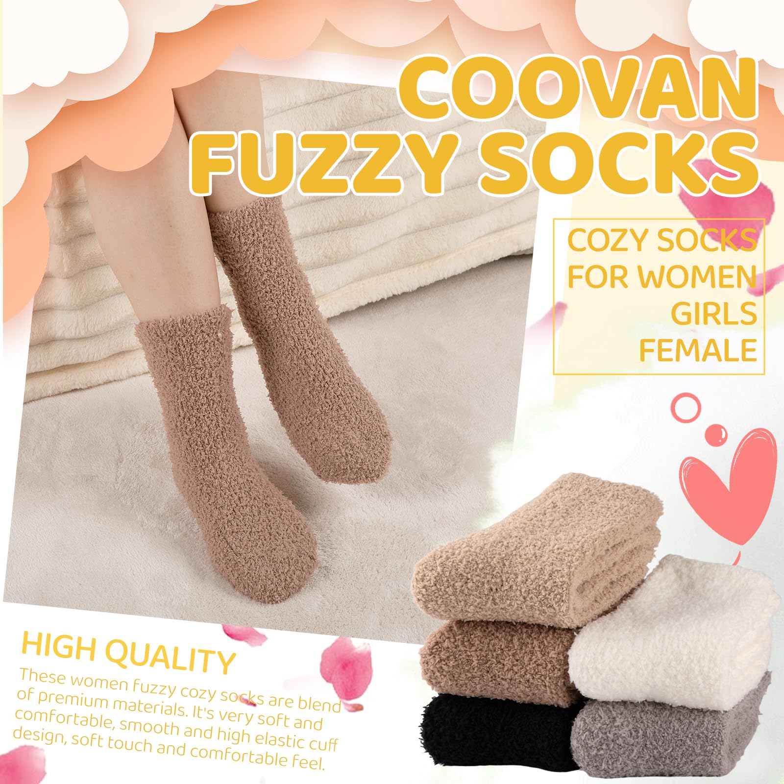 COOVAN Women's Fuzzy Socks - 5 Pairs Ultra Soft Plush Winter Warm Slipper Socks for Home, Sleeping & Cabin Wear - Cozy Fluffy Non-Slip House Socks for Women