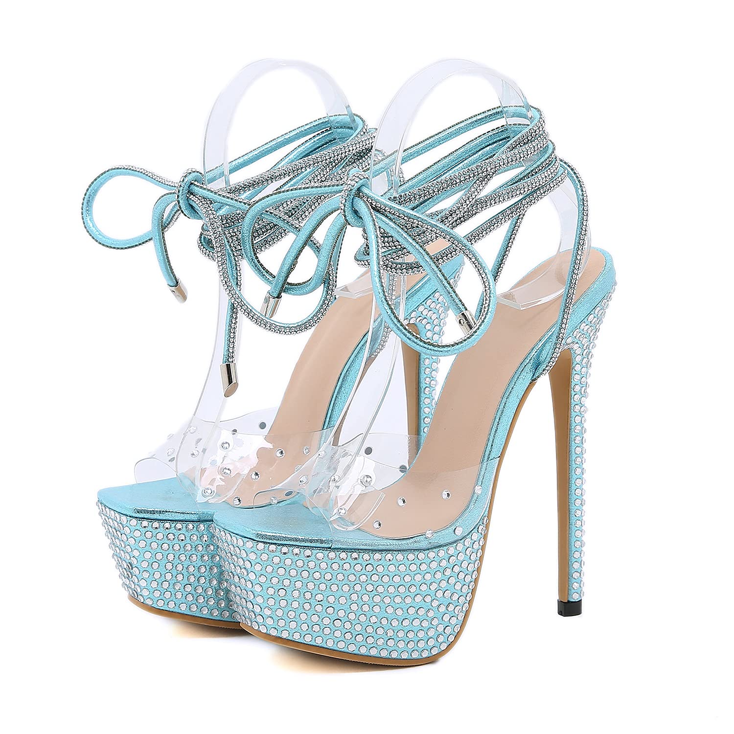Dollskiss Women's Clear Platform Heels - Rhinestone Ankle Strap Gladiator Sandals with Lace Up Design | Perfect for Parties, Weddings & Night Out Fashion