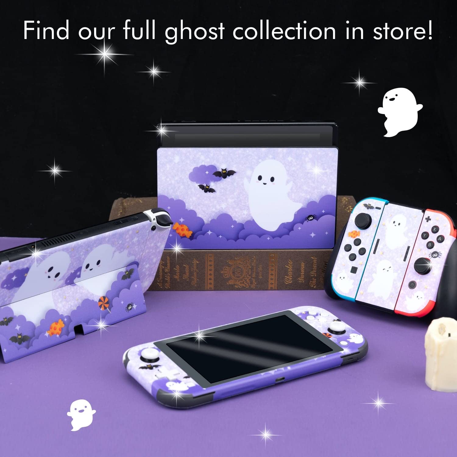 BelugaDesign Ghost Switch Skin - Halloween Spooky Cute Anime Cartoon Pastel Vinyl Decal for Nintendo Switch & Switch Lite | Kawaii Gothic Japanese Style Sticker Wrap | Perfect for Girls, Kids & Anime Fans | Great for Gaming, Halloween Decor & Kawaii Aesthetic Room Decoration (Purple)