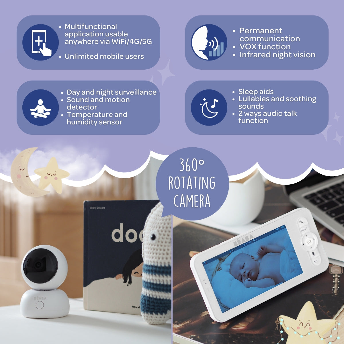 Beaba Zen Premium WiFi Baby Monitor with 5-Inch 720P HD Color Screen, Two-Way Audio & Night Vision - Ideal for Nursery, Bedroom, and Travel Use