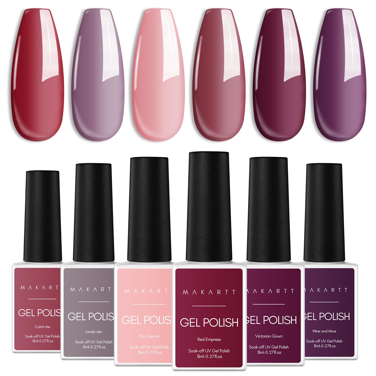 Makartt 6 Colors Gel Nail Polish Kit - Pink, Wine Red, Purple Summer Soak Off UV Gel Polish (10ml) for Nail Art, Salon & DIY at Home - Perfect for Manicures, Pedicures & Professional Nail Designs