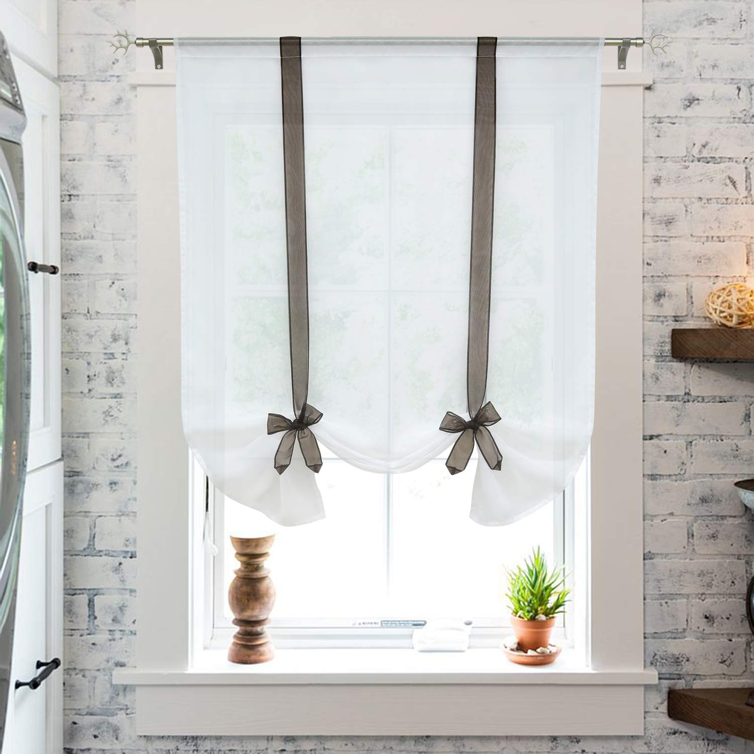 Elegant Balloon Shades with Bowknot Tie-Up - Sheer Voile Roman Window Curtain with Rod Pocket - 1 Panel (Brown, 39