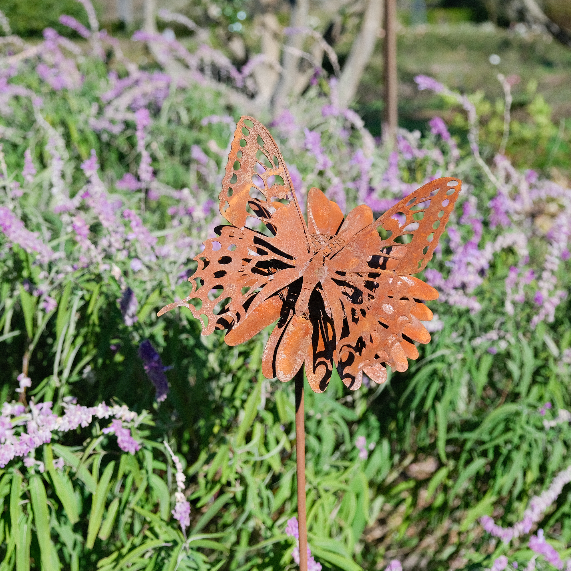 W4604 Decorative Garden Stake - Butterfly on Flower Metal Yard Art for Outdoor Lawn & Garden Decor