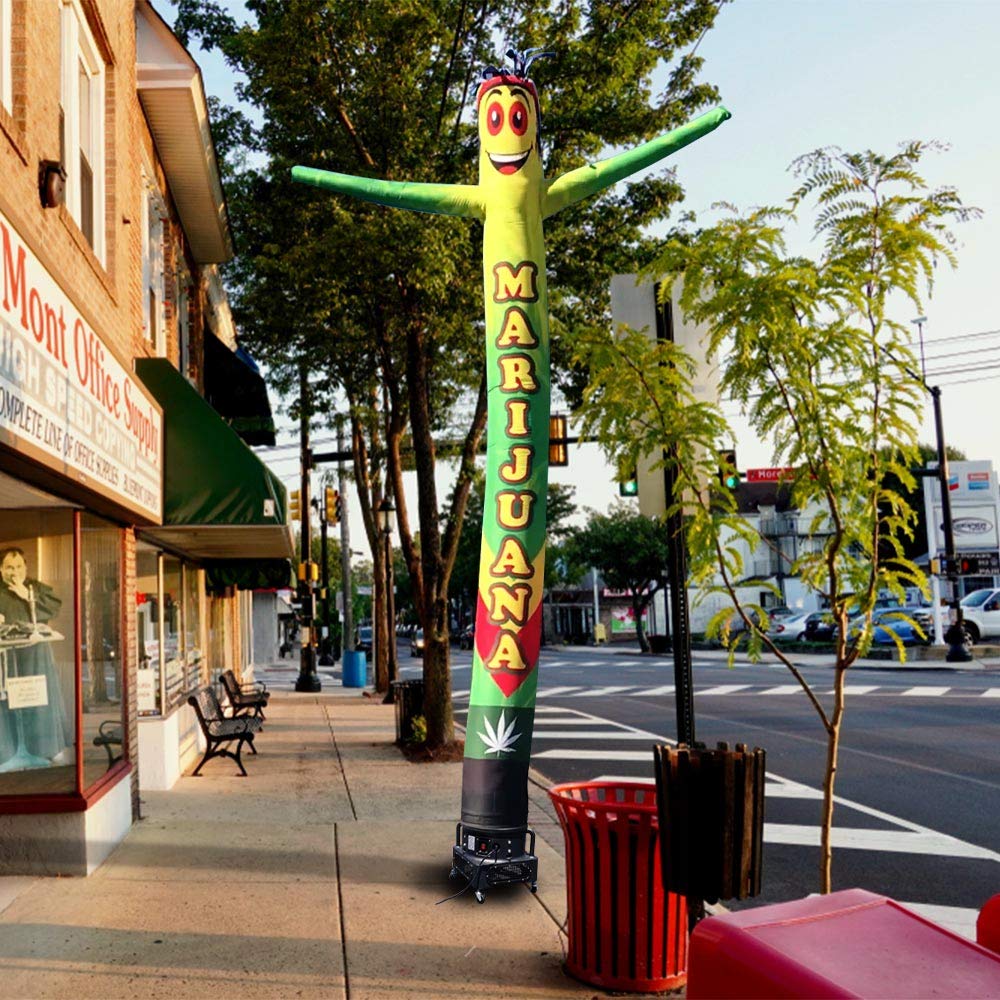 20ft Inflatable Tube Man Air Dancer with 1HP 2-Speed Blower - Green/Yellow Marijuana Design Waving Puppet for Car Dealerships, Grand Openings & Outdoor Advertising